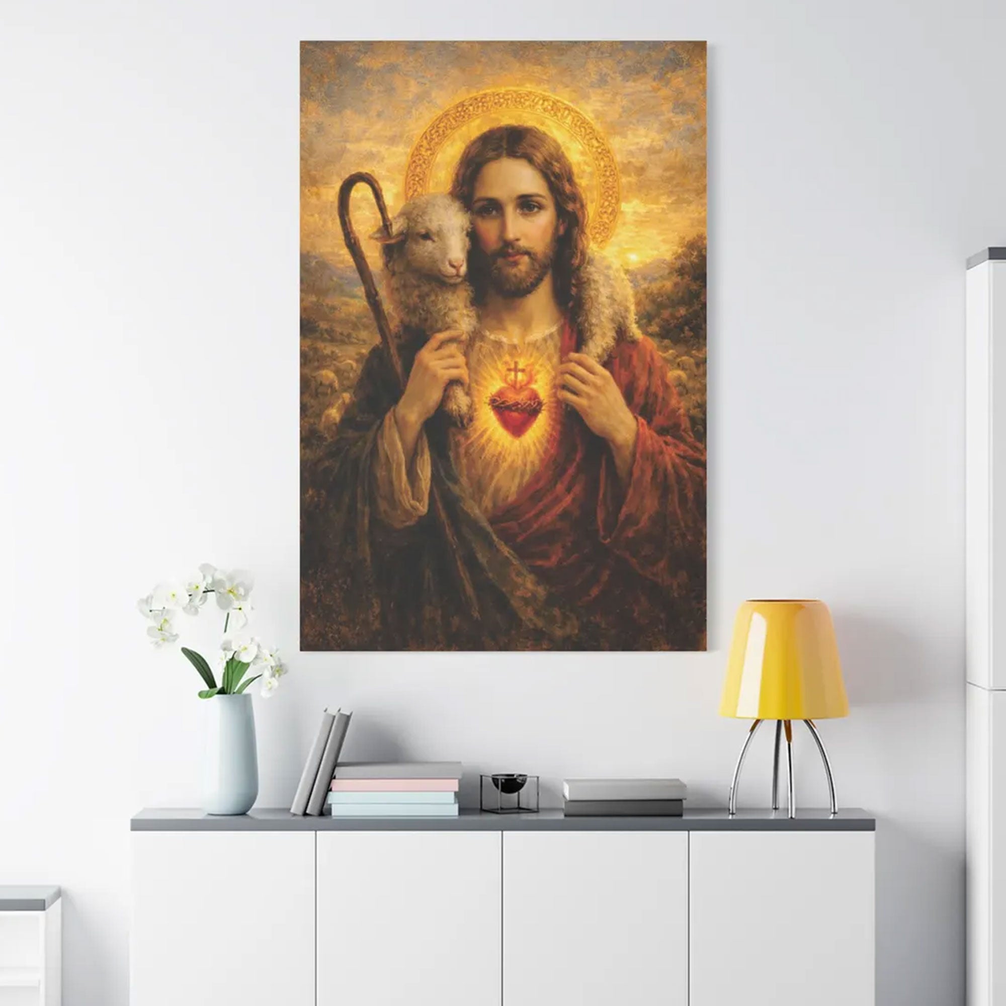 Sacred Heart Jesus with Lamb Canvas Print, Good Shepherd Christian Wall Art, Christian Home Decor