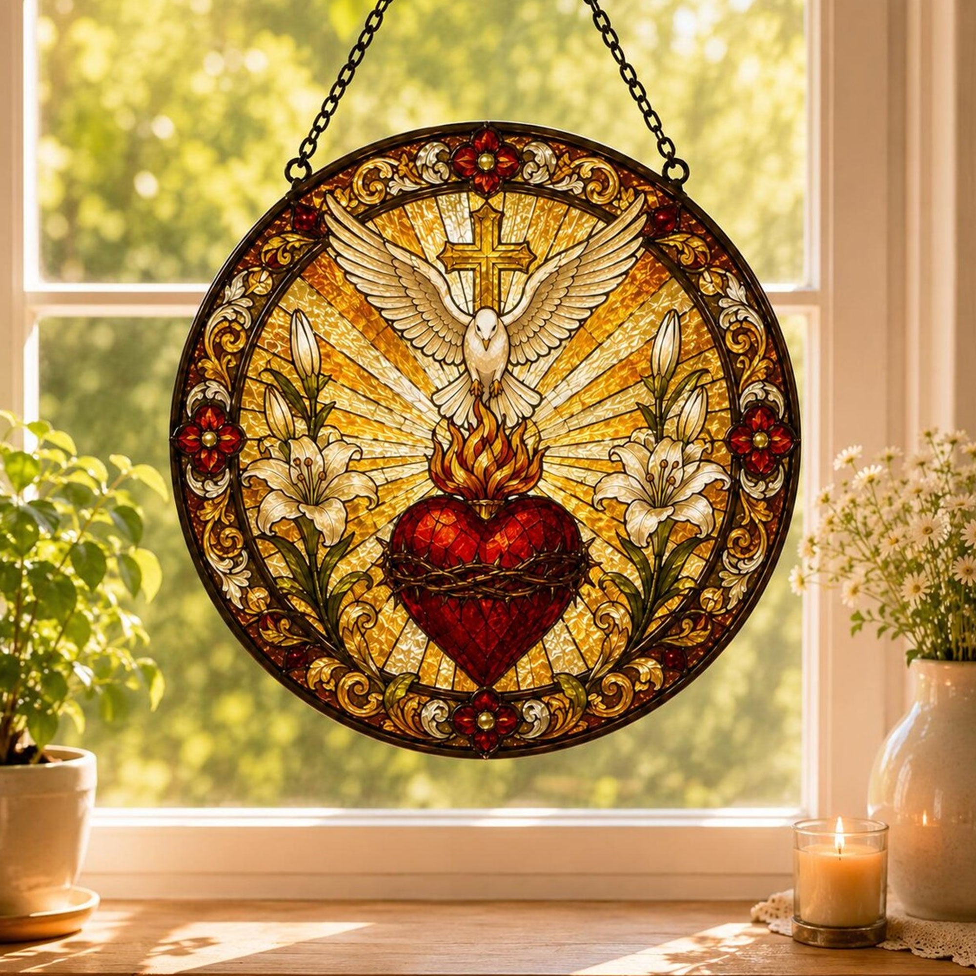 Sacred Heart and Holy Spirit Dove Stained Glass Suncatcher, Catholic Window Hanging, Christian Faith Gift