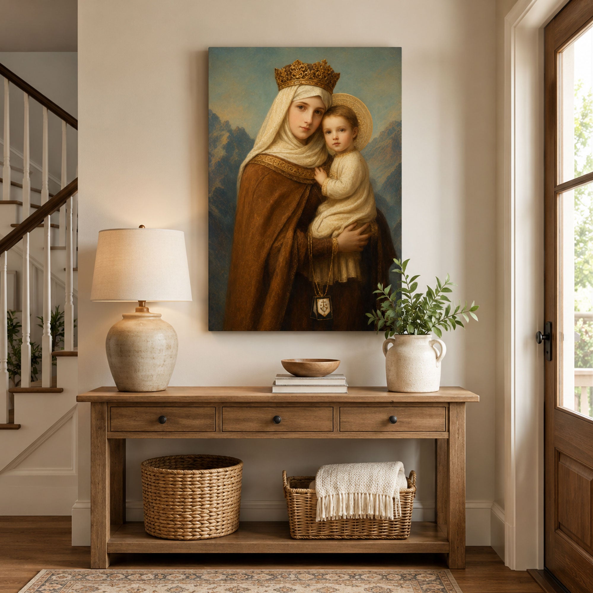 Our Lady of Mount Carmel Canvas Print, Catholic Virgin Mary with Child Jesus Wall Art Gift