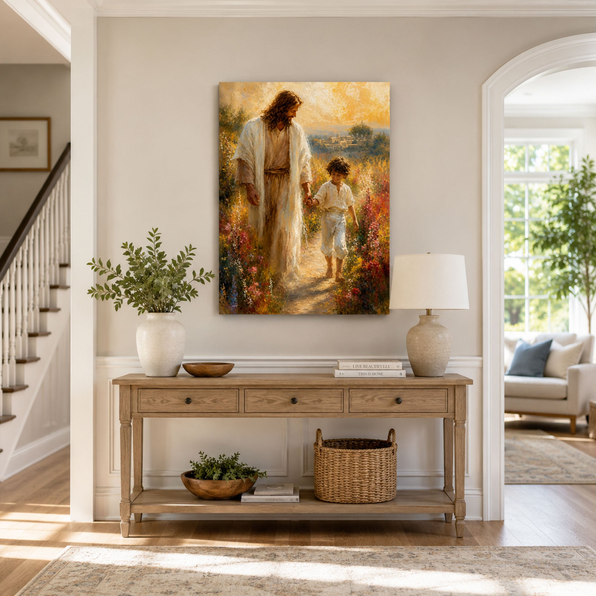 Jesus Walking with a Child Canvas Print, Peaceful Christian Home Decor