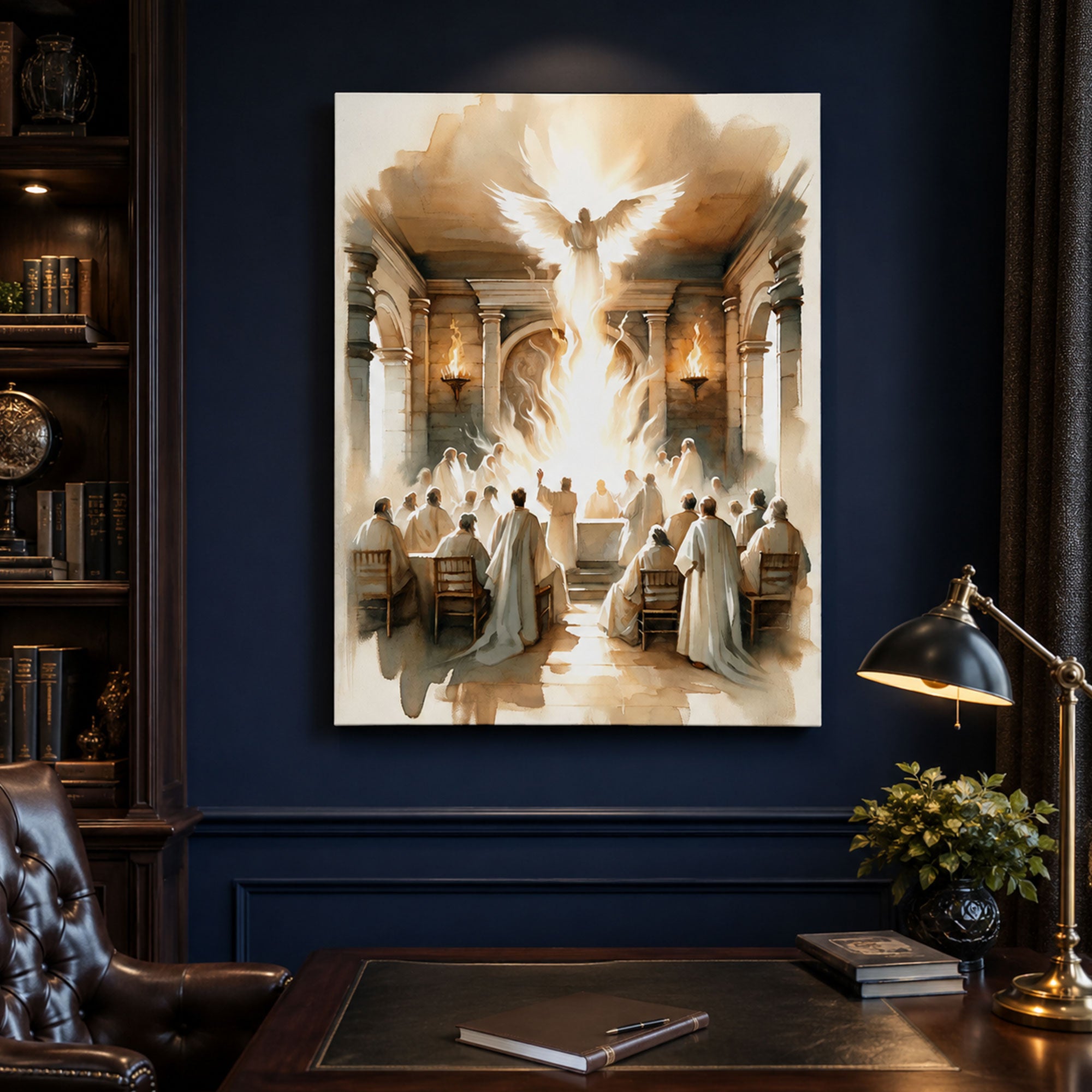 Pentecost Holy Spirit Canvas Print, Dove of Fire Christian Wall Art, Sacred Church Gathering Faith Decor