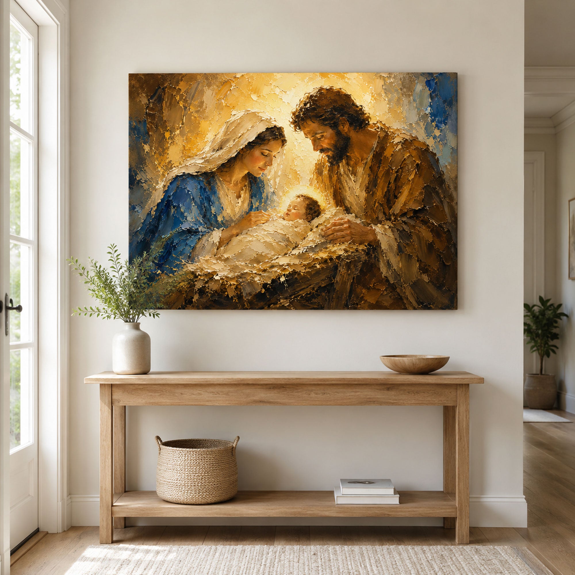 Holy Family Nativity Canvas Print, Baby Jesus in Manger Wall Art, Christmas Catholic Home Decor