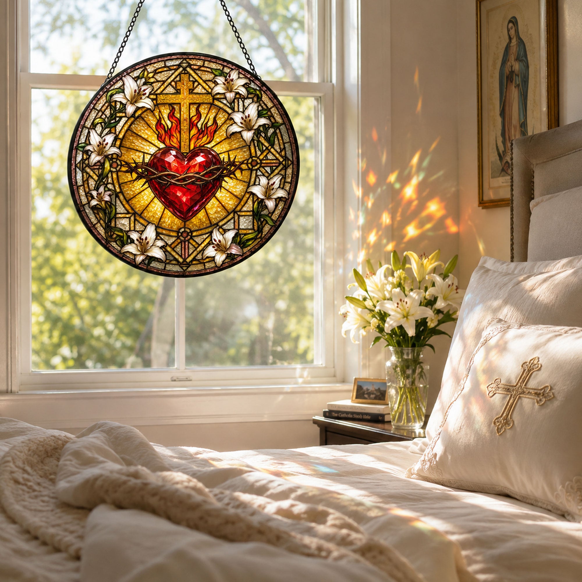 Sacred Heart of Jesus Suncatcher, Crown of Thorns and Lilies Catholic Window Decor, Faith Gift