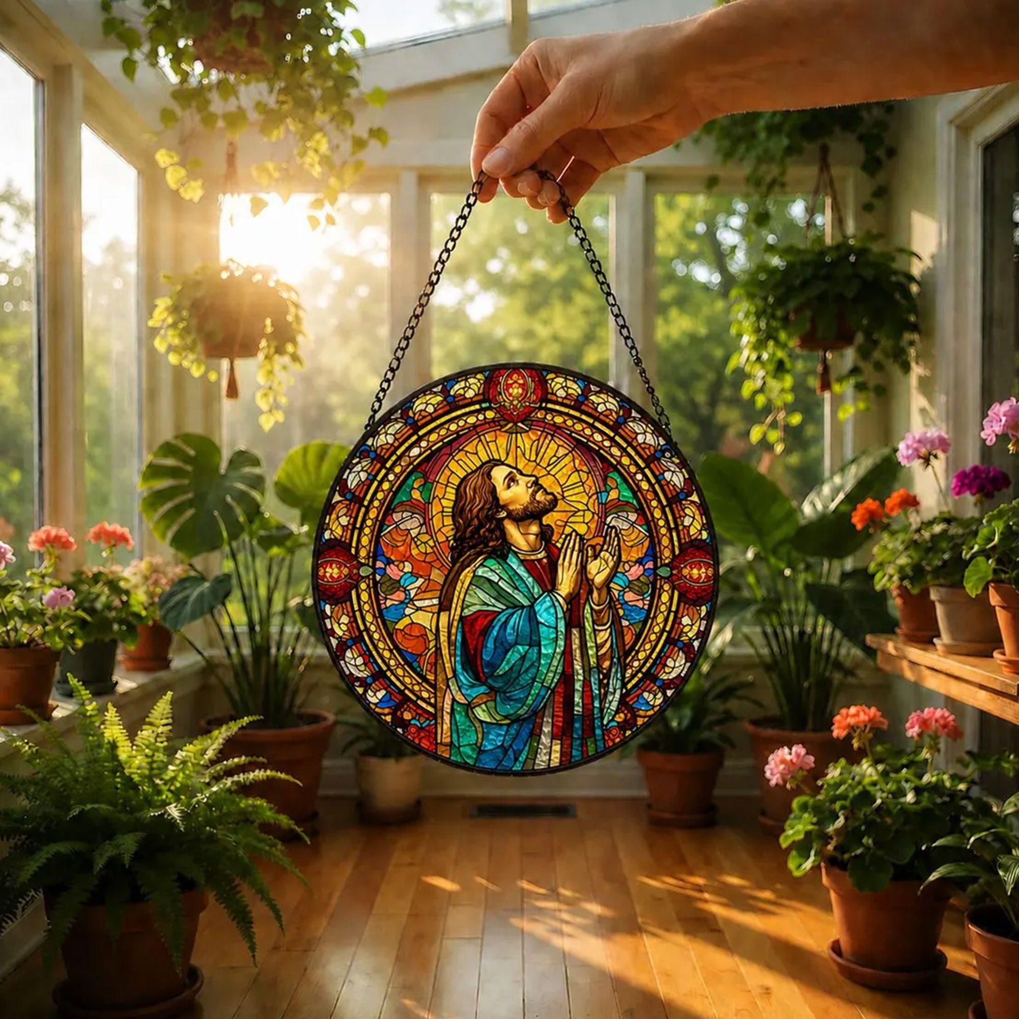 Jesus Praying Stained Glass Suncatcher, Christian Window Hanging, Religious Home Decor Gift