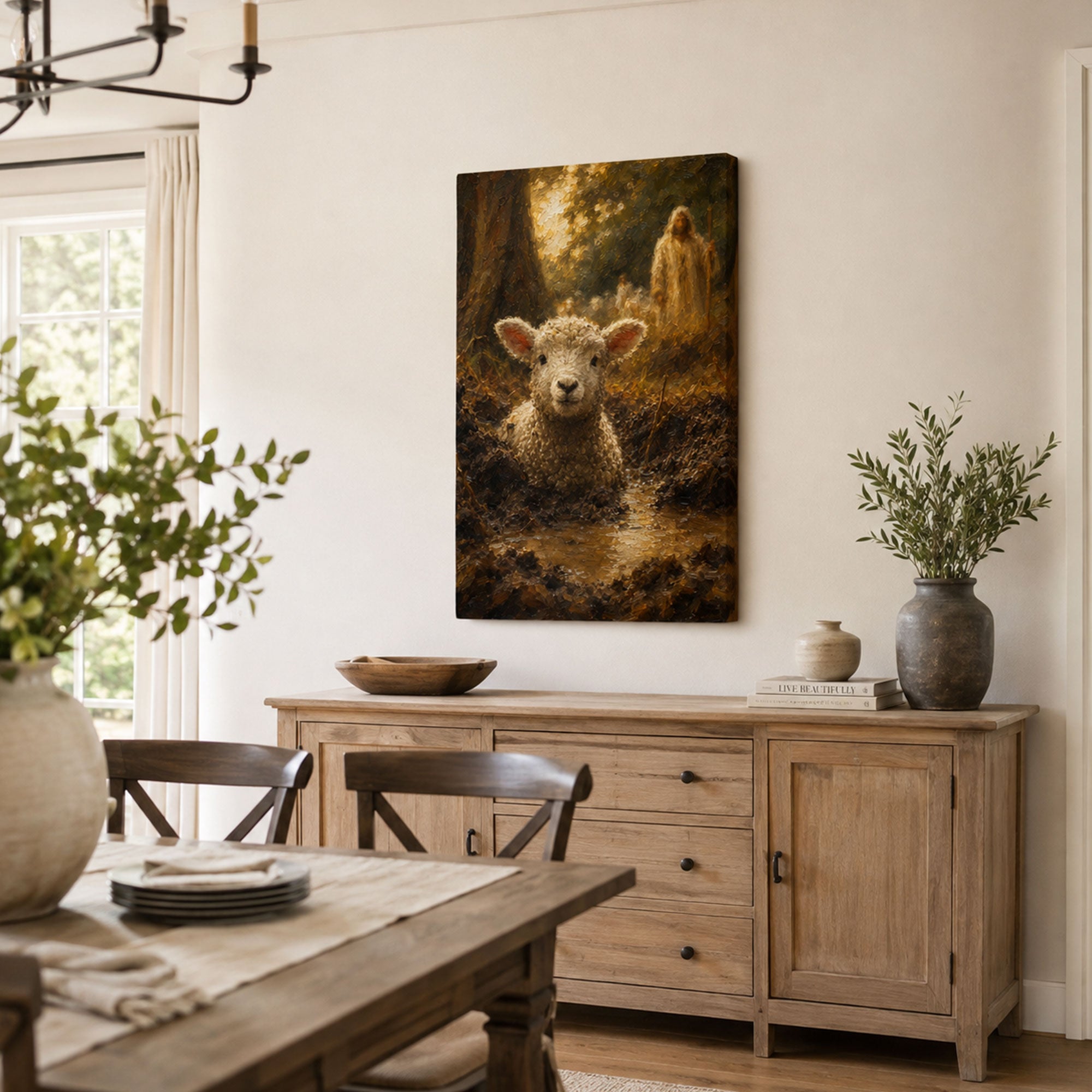 Jesus Finds the Lost Sheep Canvas Print, He Left the 99 Christian Wall Decor, Faith Gift
