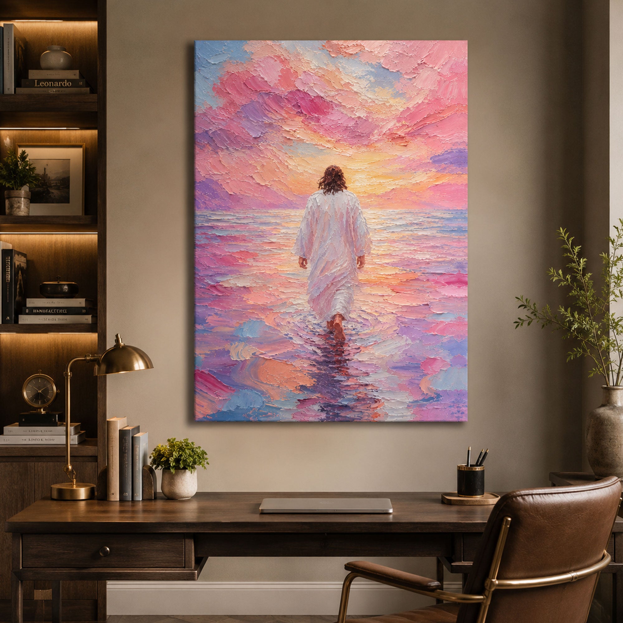 Jesus Walking on Water Canvas Print, Pastel Ocean Christian Wall Art, Faith and Peace Home Decor