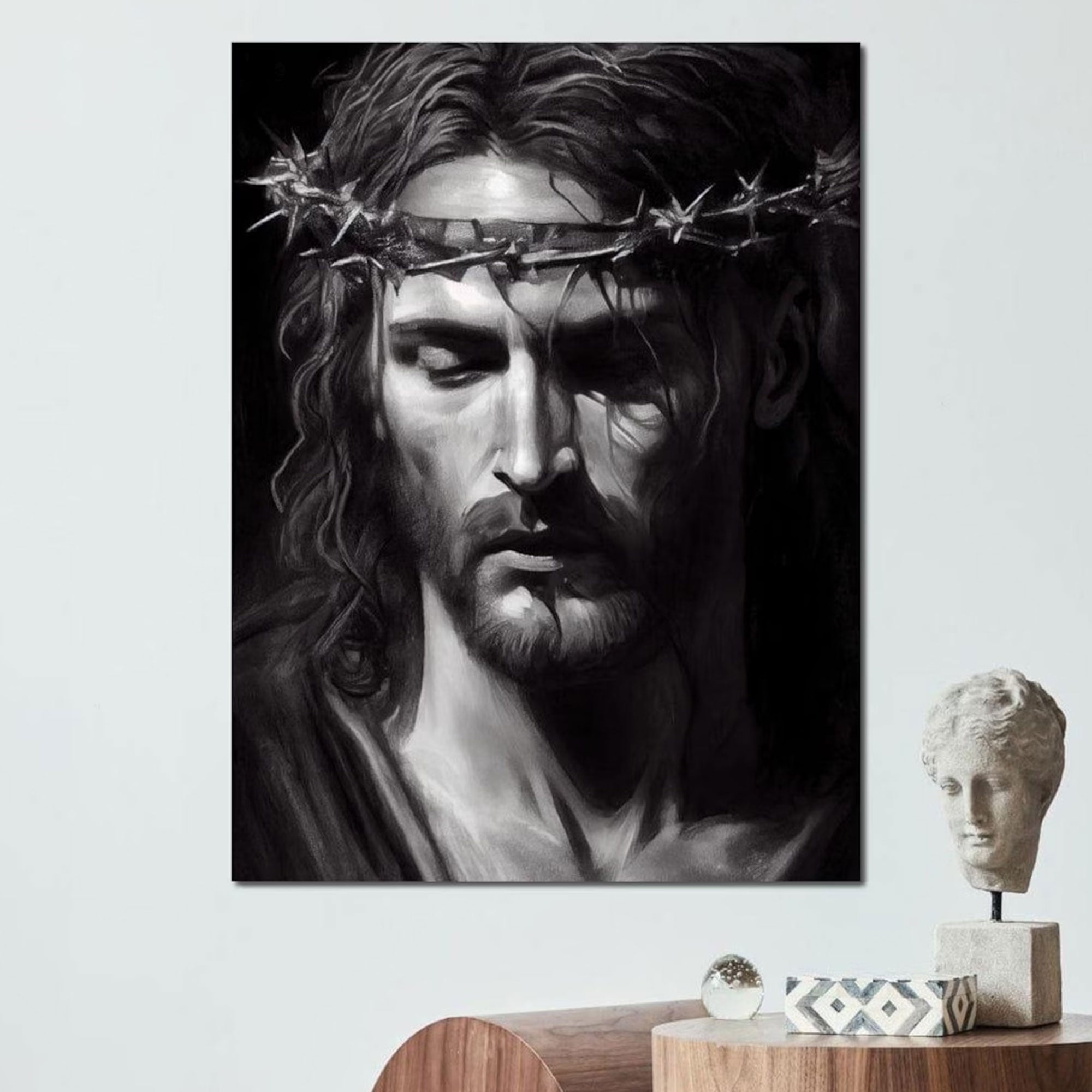 Black & White Jesus Portrait Canvas Print, Crown of Thorns Christian Wall Art, Minimalist Religious Decor