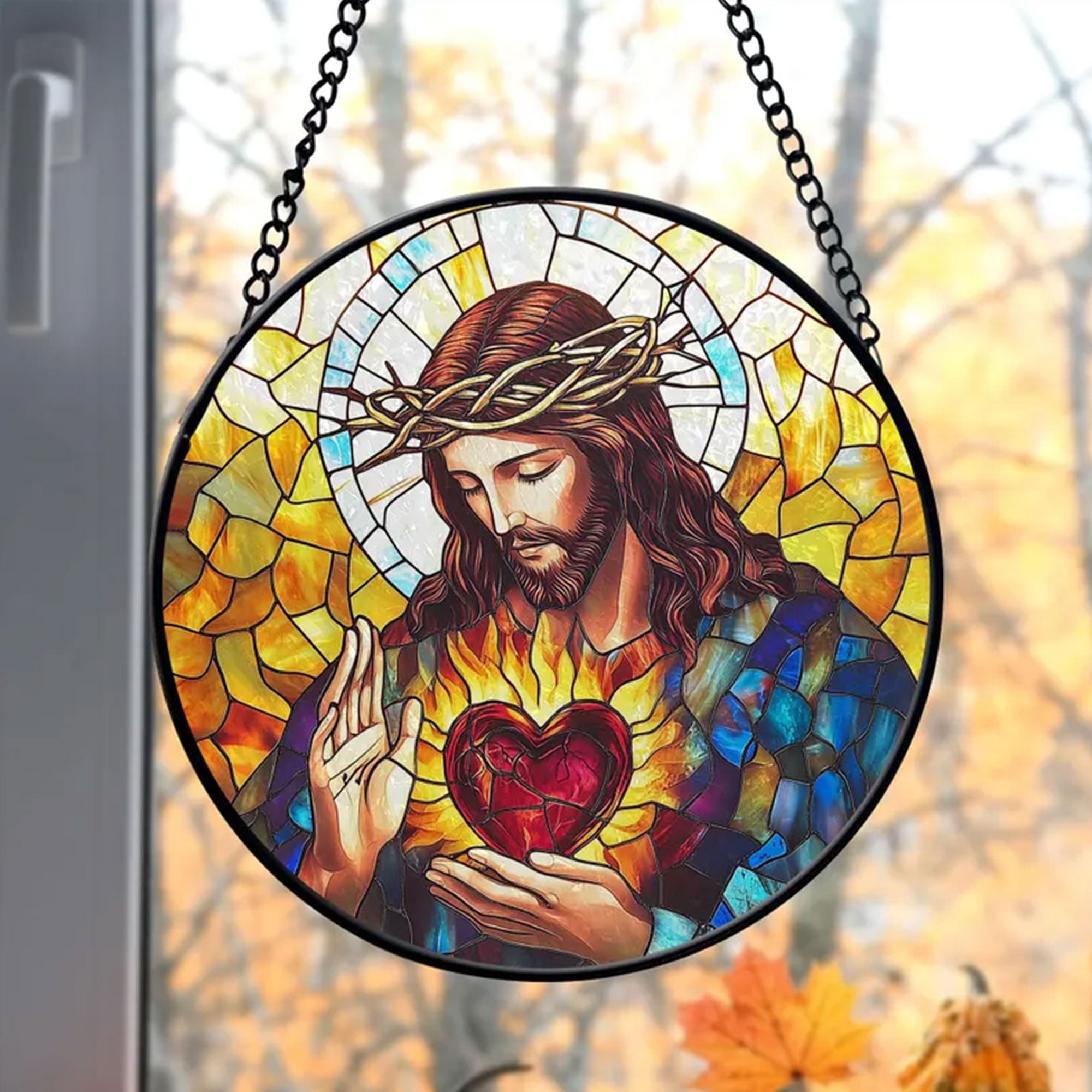 Sacred Heart of Jesus Faux Stained Glass Suncatcher, Christian Window Hanging Decor, Catholic Faith Gift