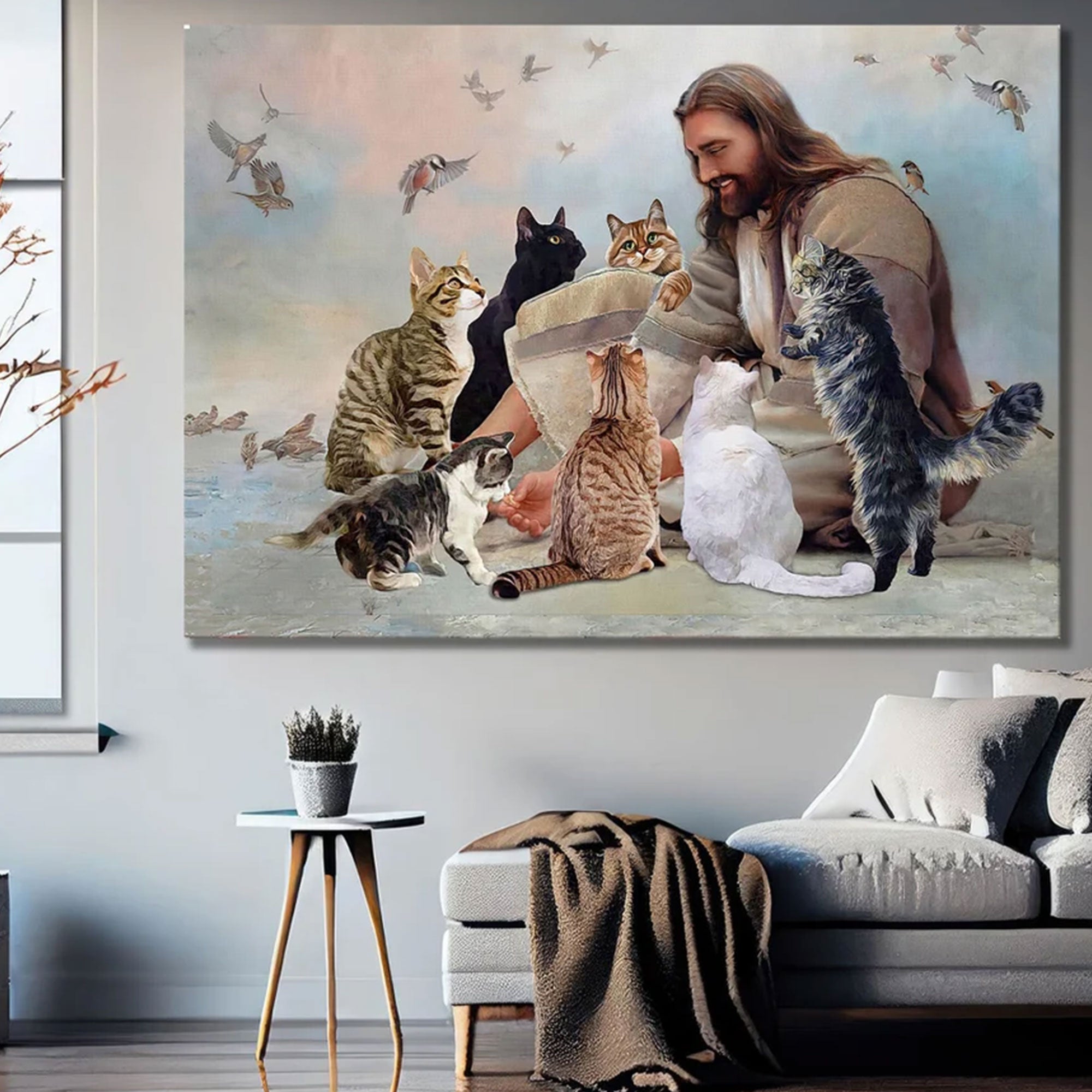 Jesus with Cats Canvas Art, Christian Landscape Wall Decor, Faith Inspired Pet Lover Gift