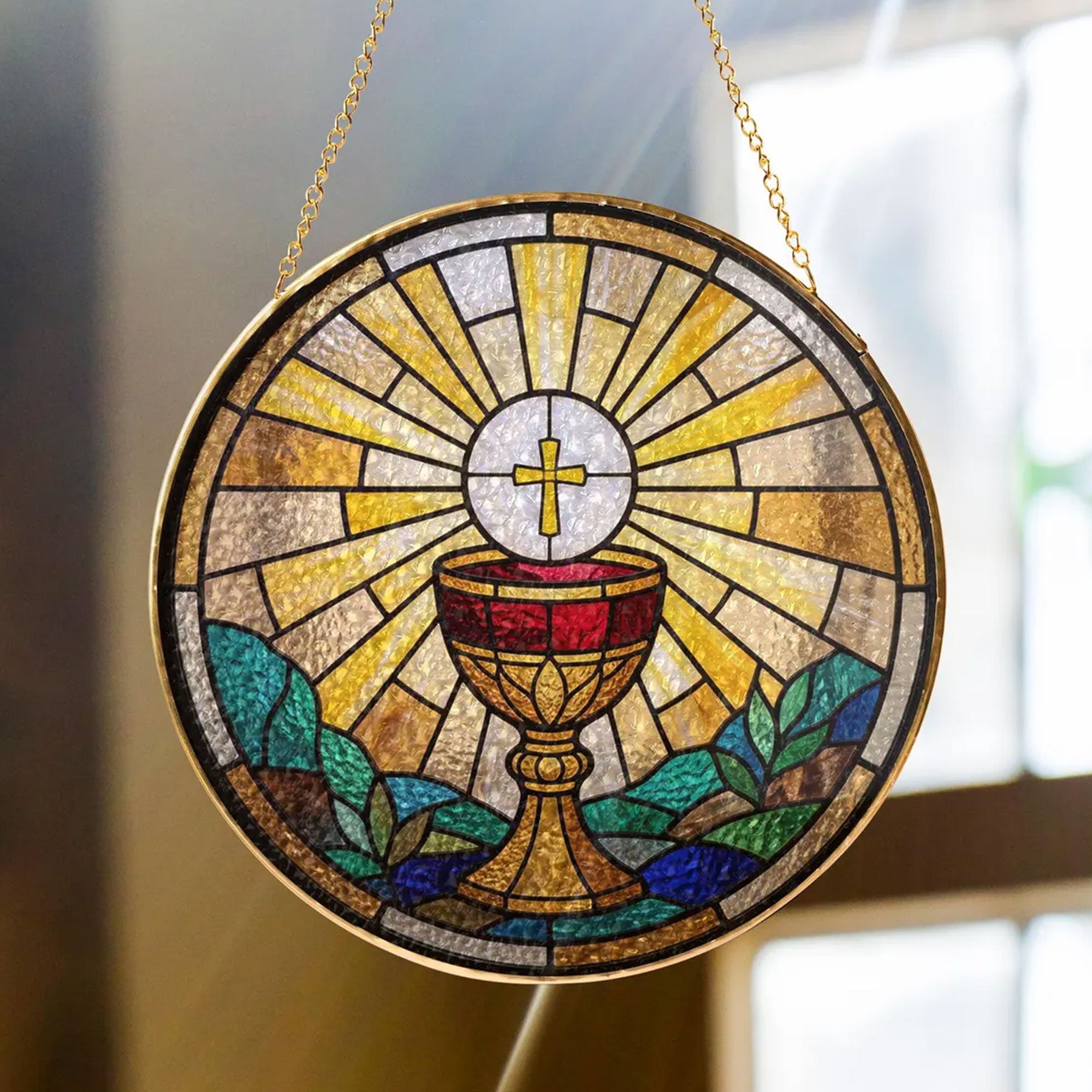 Holy Eucharist Chalice Stained Glass Suncatcher, Catholic Window Hanging Decor, First Communion Religious Gift