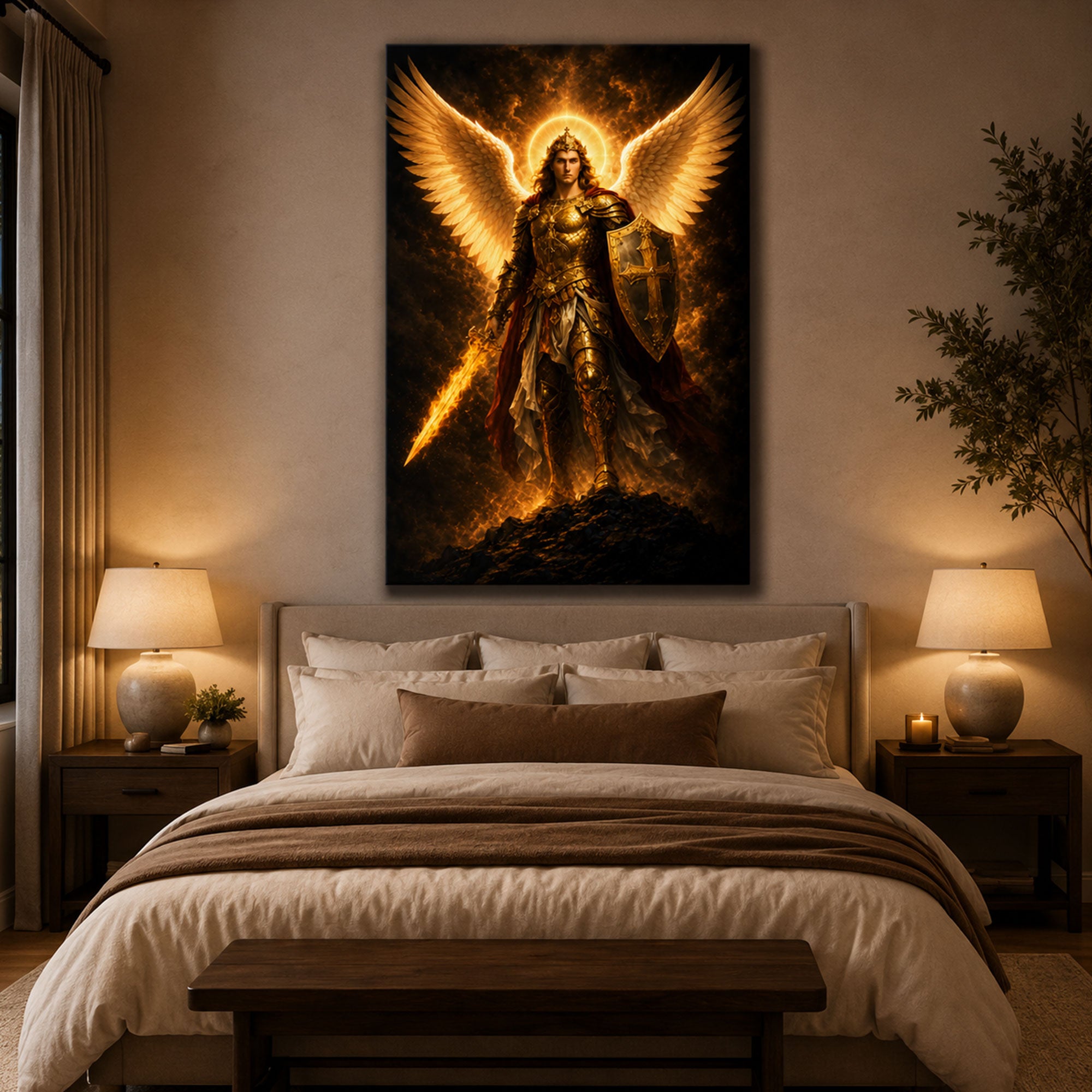 Saint Michael with Flaming Sword Canvas Print, Catholic Archangel Wall Art, Faith Home Decor Gift