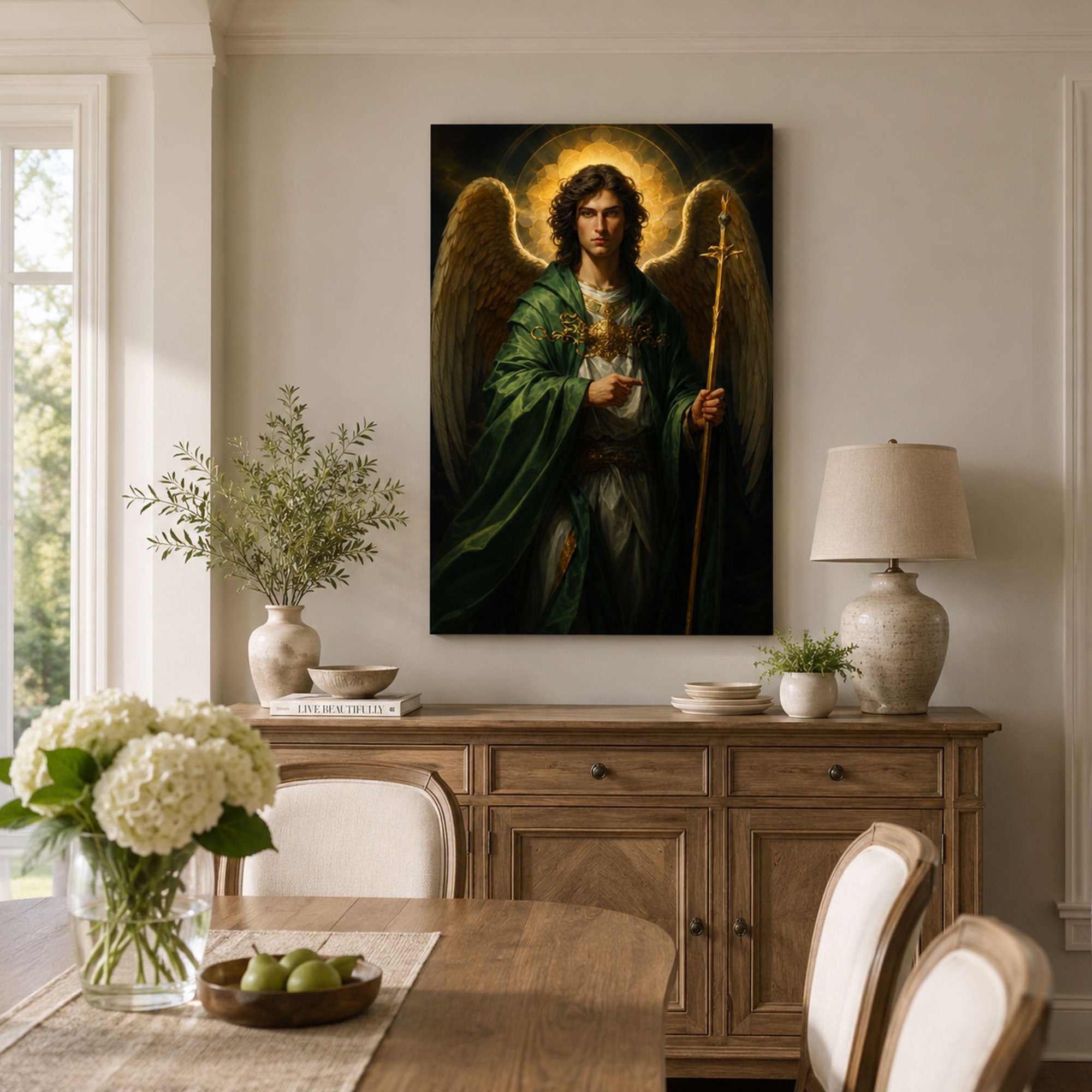 Saint Raphael Archangel Canvas Print, Catholic Healing Angel Wall Art, Green Robe Faith Home Decor Gift