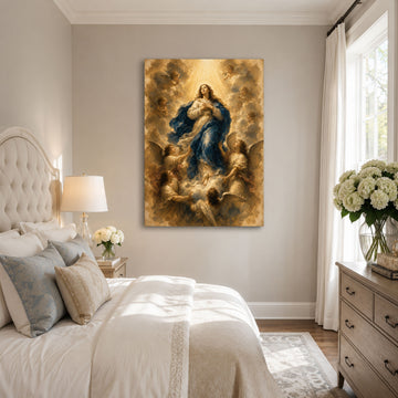 Our Lady Lifted by Angels Canvas Print, Catholic Home Decor
