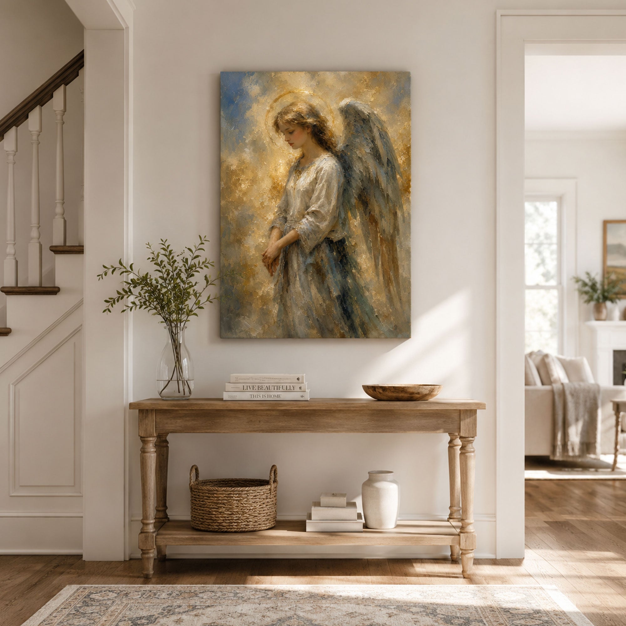 Guardian Angel in Quiet Prayer Canvas Print, Soft Gold Christian Decor
