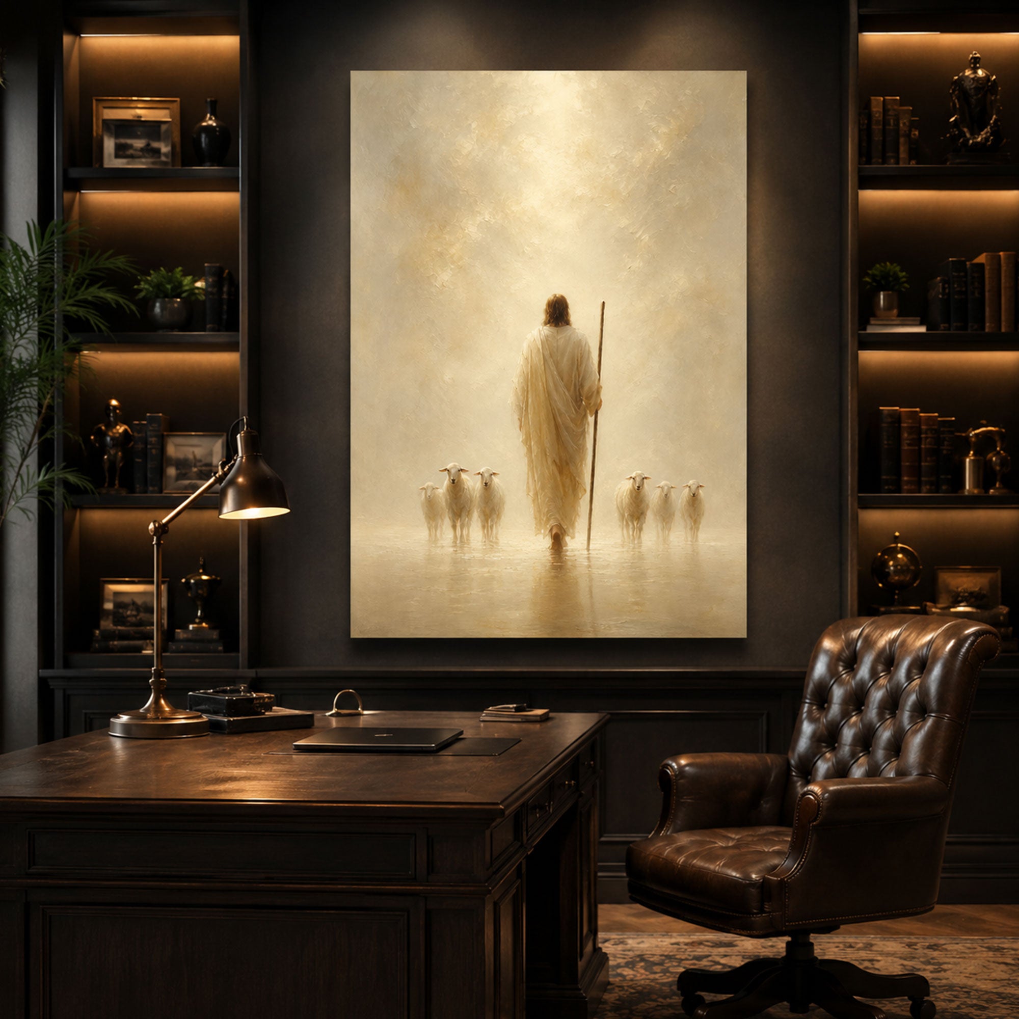 Jesus Shepherd Walking with Sheep Canvas Print, Peaceful Christian Wall Art, Spiritual Faith Home Decor