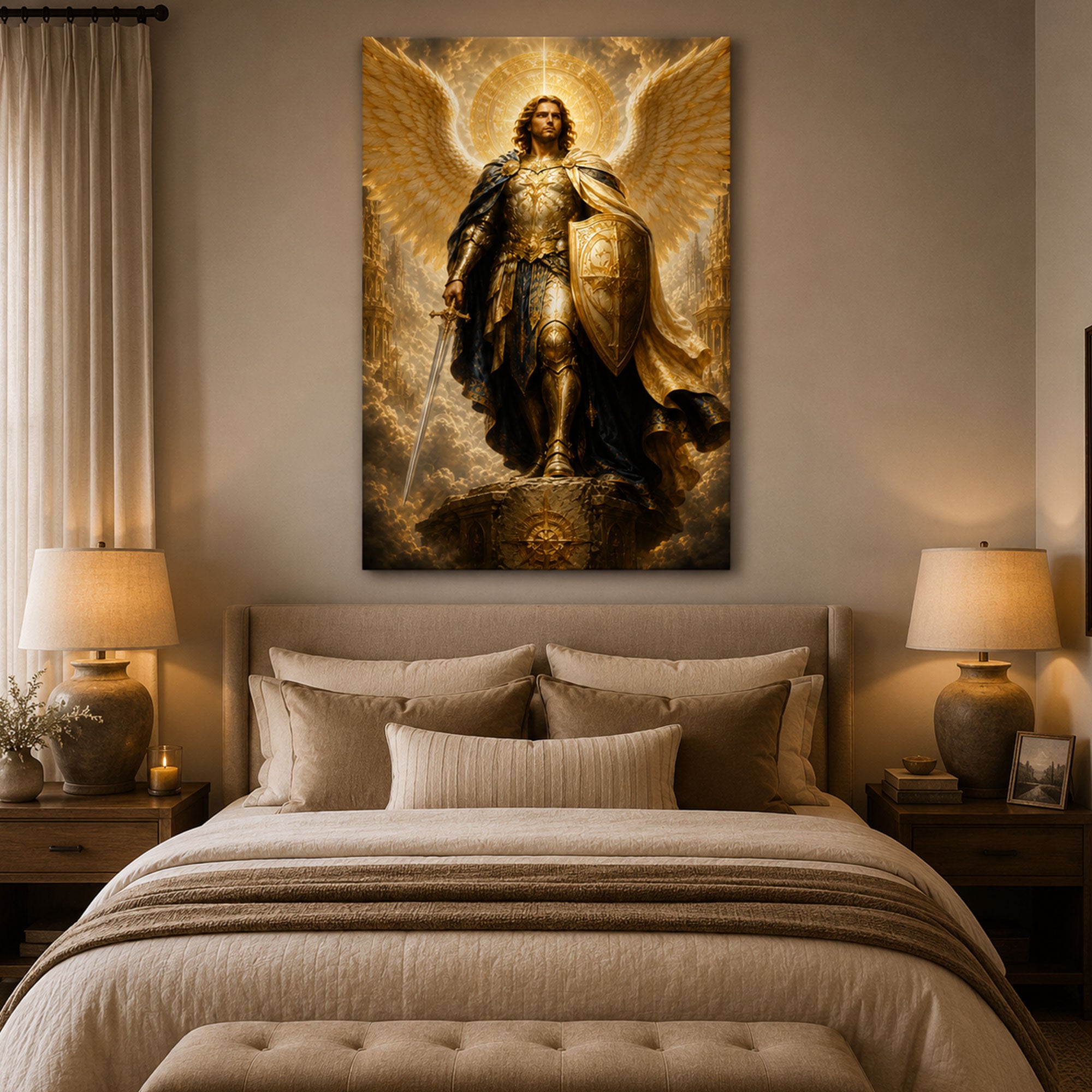 Saint Michael with Sword and Shield Canvas Print, Catholic Archangel Wall Art, Faith Home Decor Gift