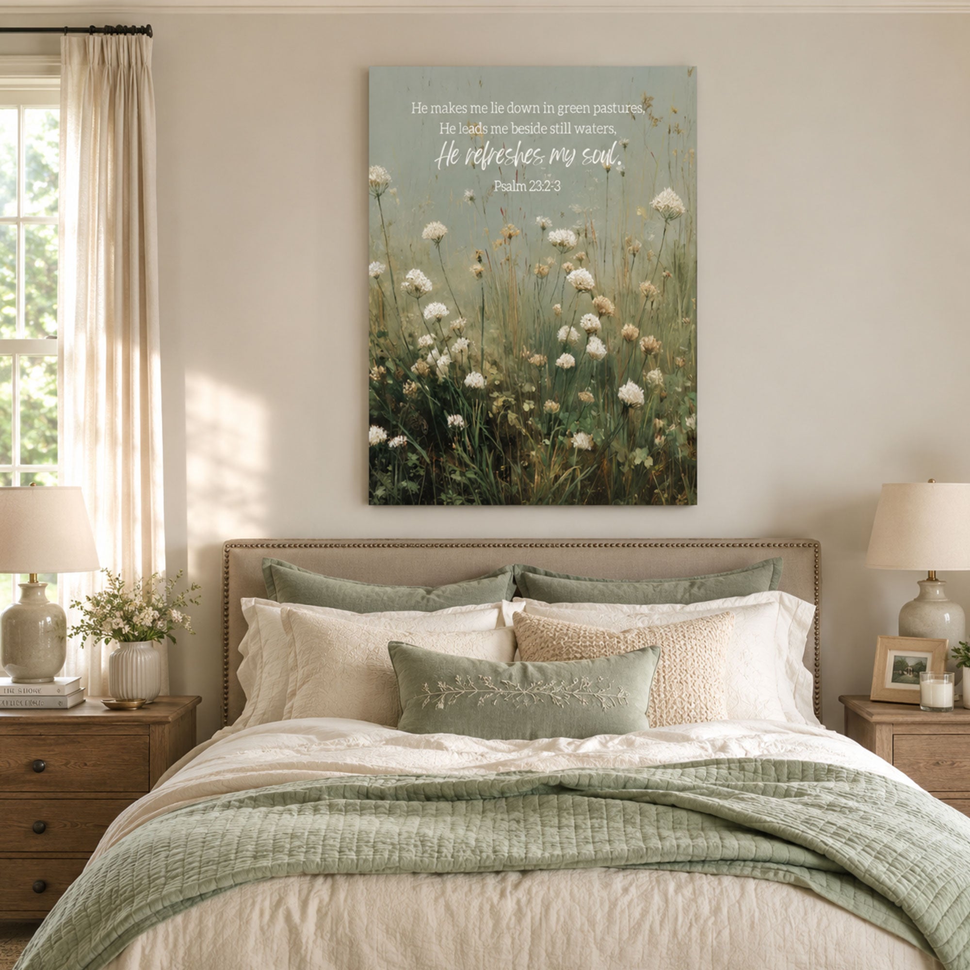 Psalm 23 Bible Verse Canvas Print, Soft Floral Field Christian Wall Art, Minimalist Scripture Home Decor Gift
