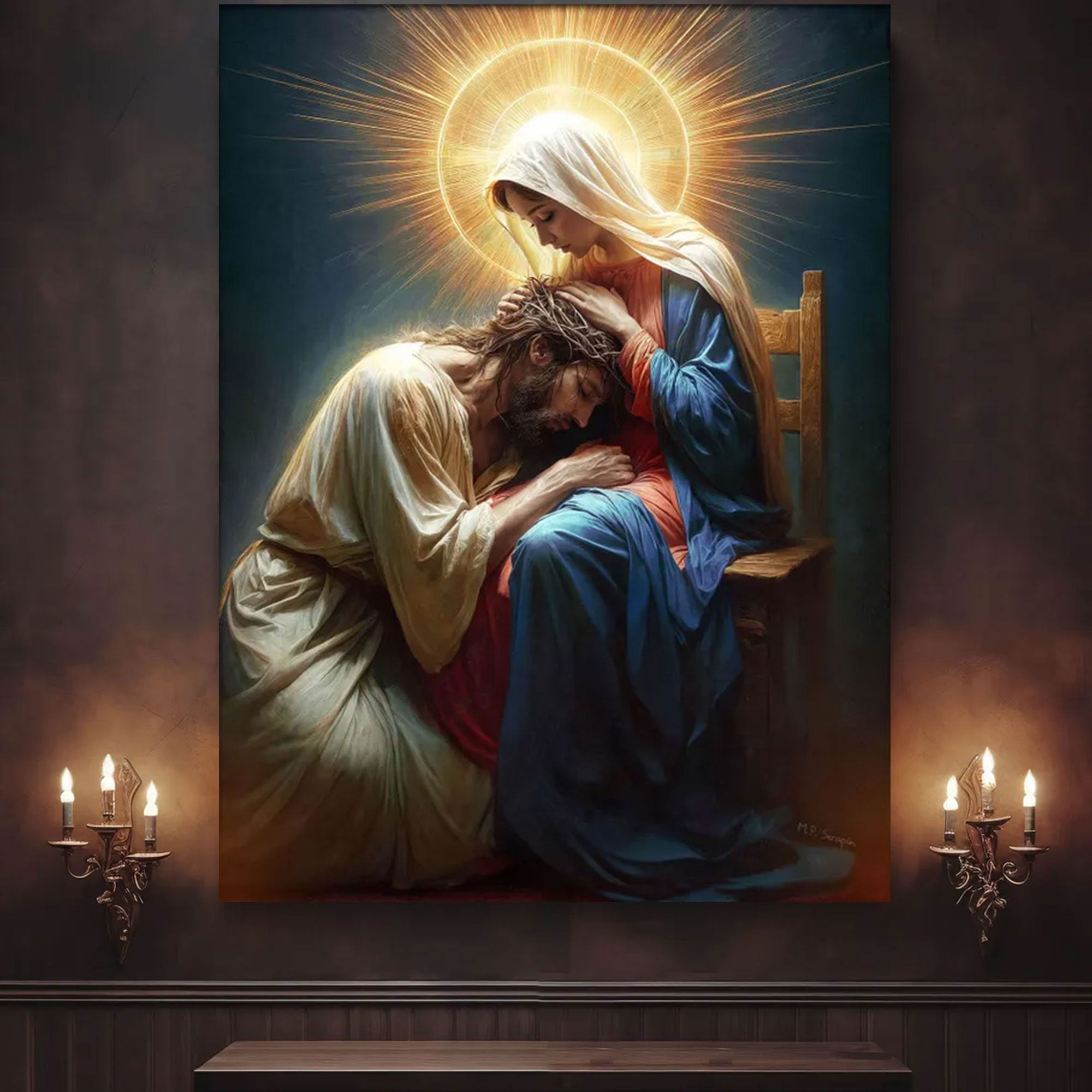 Mother Comforts Her Son Canvas Wall Art, Virgin Mary Embracing Jesus, Catholic Religious Decor