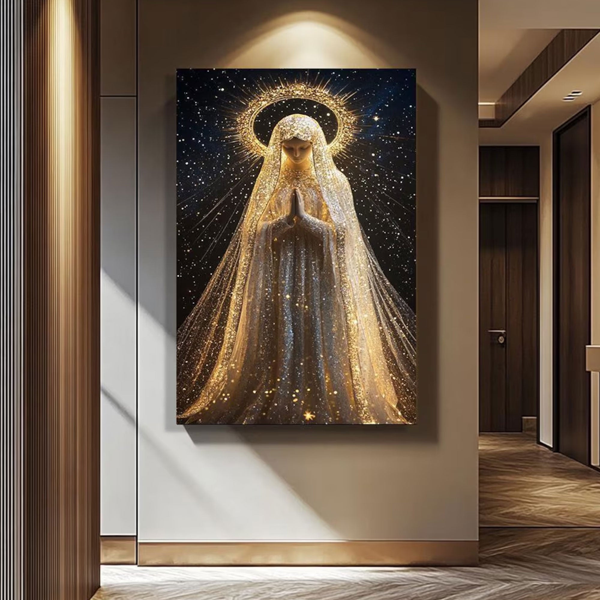 Virgin Mary Wall Art Canvas Print, Mother Mary with Starry Halo Spiritual Religious Canvas for Prayer Space