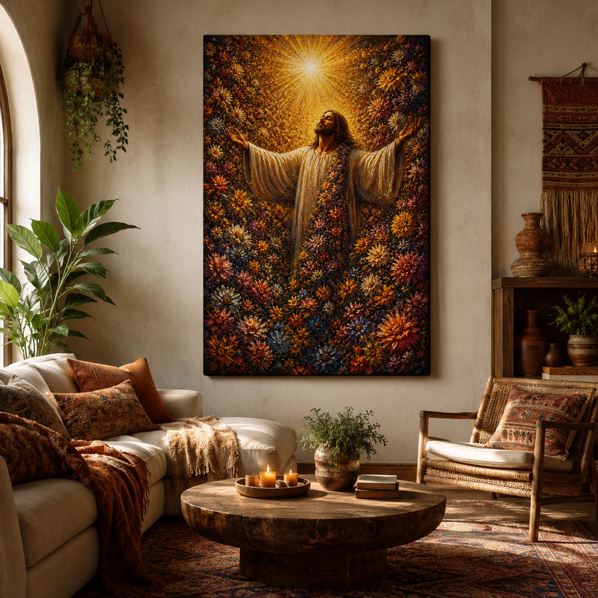 Radiant Light Blessing Canvas Print, Jesus with Open Arms, Spiritual Flower Garden Wall Art