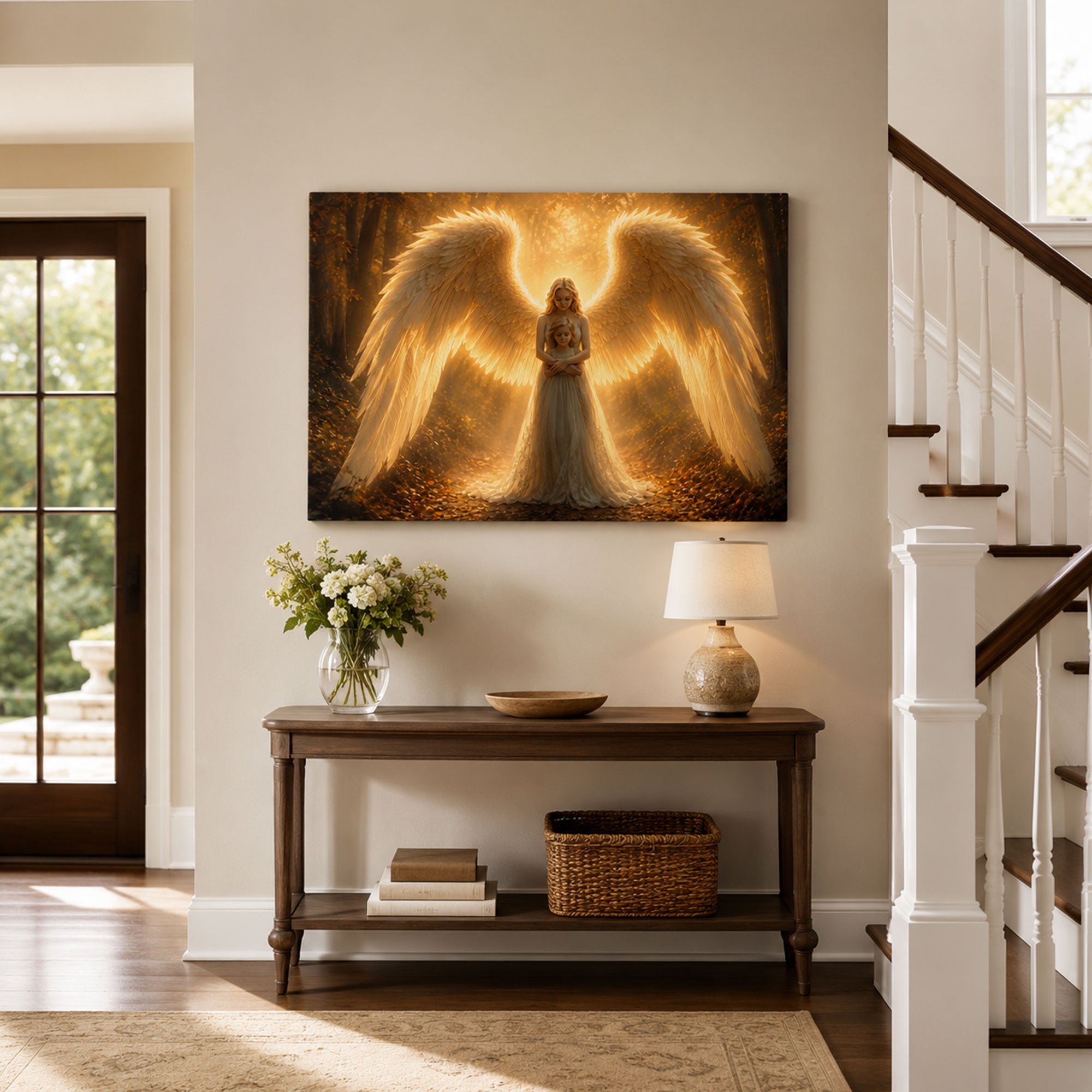 Guardian Angel with Child Canvas Print, Christian Angel Wall Art, Golden Light Faith Home Decor Gift