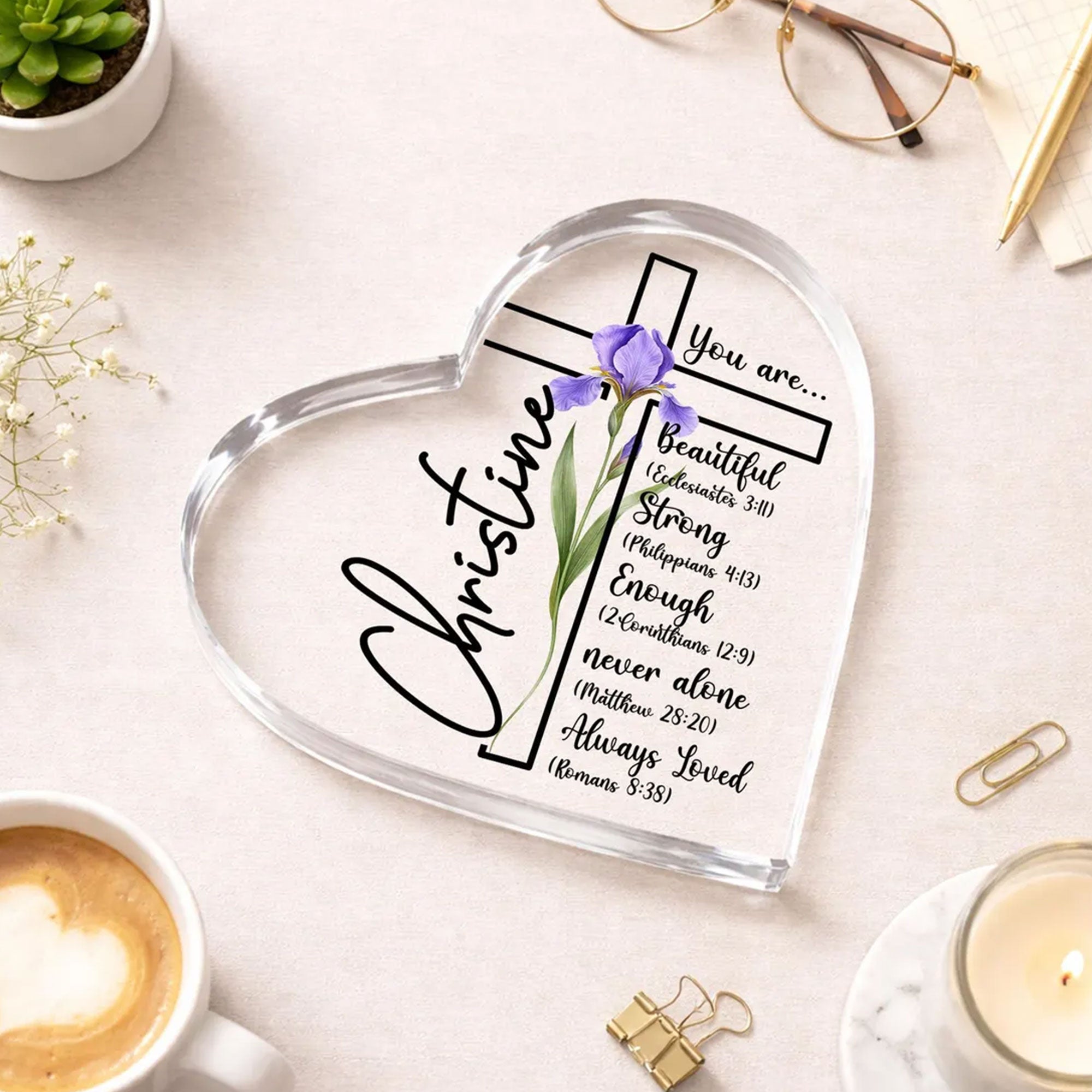 Christian Heart Acrylic Plaque with Cross, Inspirational Bible Verse Gift, 2D Flat Faith Table Decor