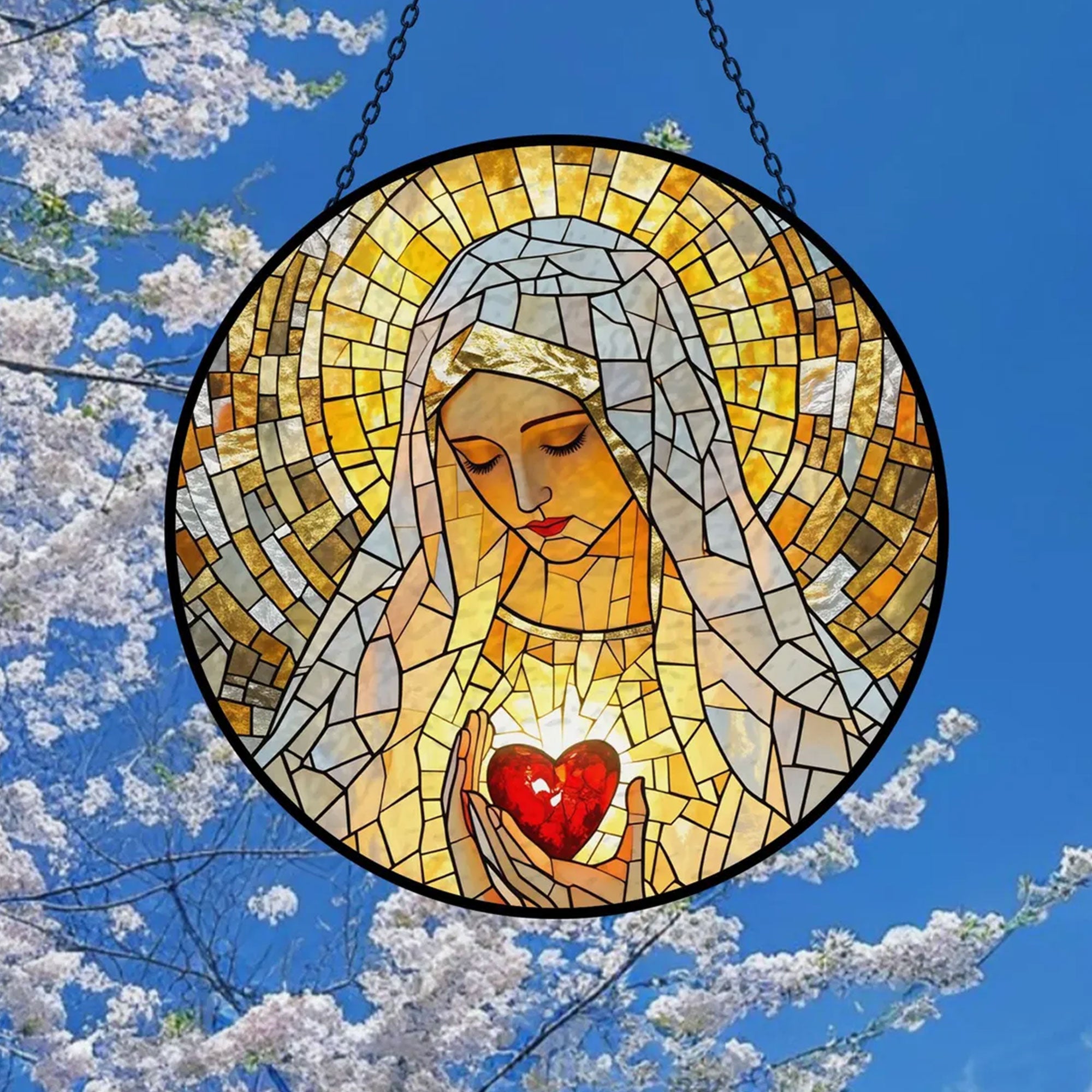 Virgin Mary Stained Glass Suncatcher, Catholic Window Hanging, Divine Mother Gift for Mom