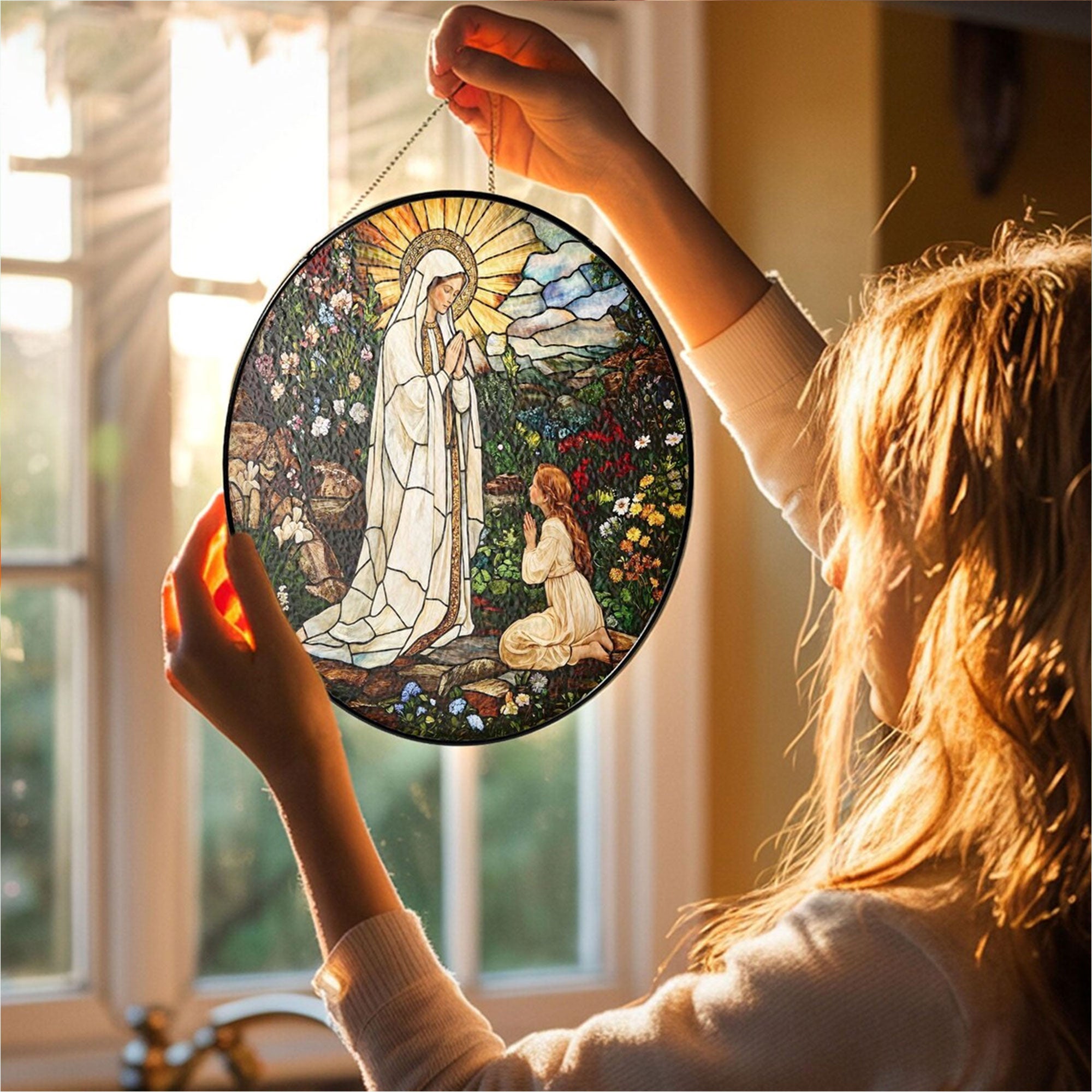 Our Lady of Lourdes Stained Glass Suncatcher, Virgin Mary Catholic Window Hanging, Religious Faith Gift, Christian Home Decor