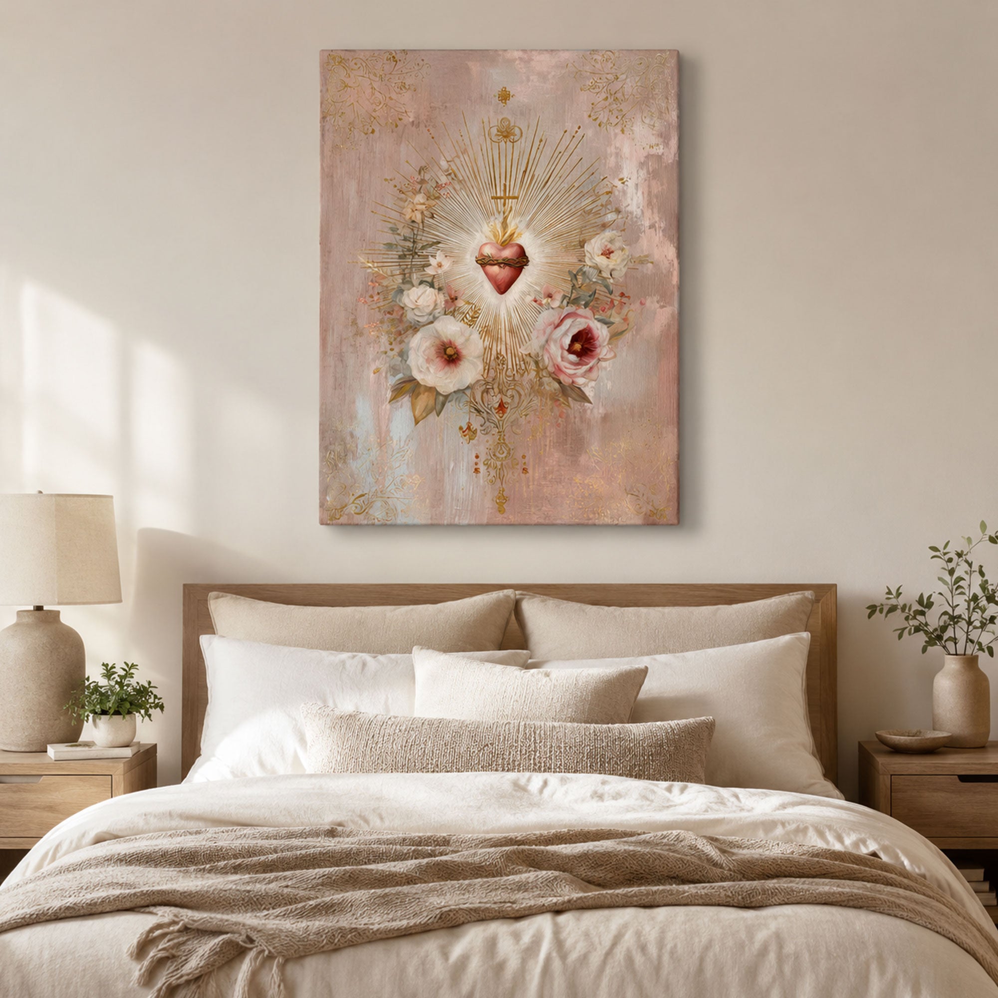 Sacred Heart Floral Canvas Print, Catholic Christian Wall Art, Pink Gold Religious Home Decor, Faith Gift