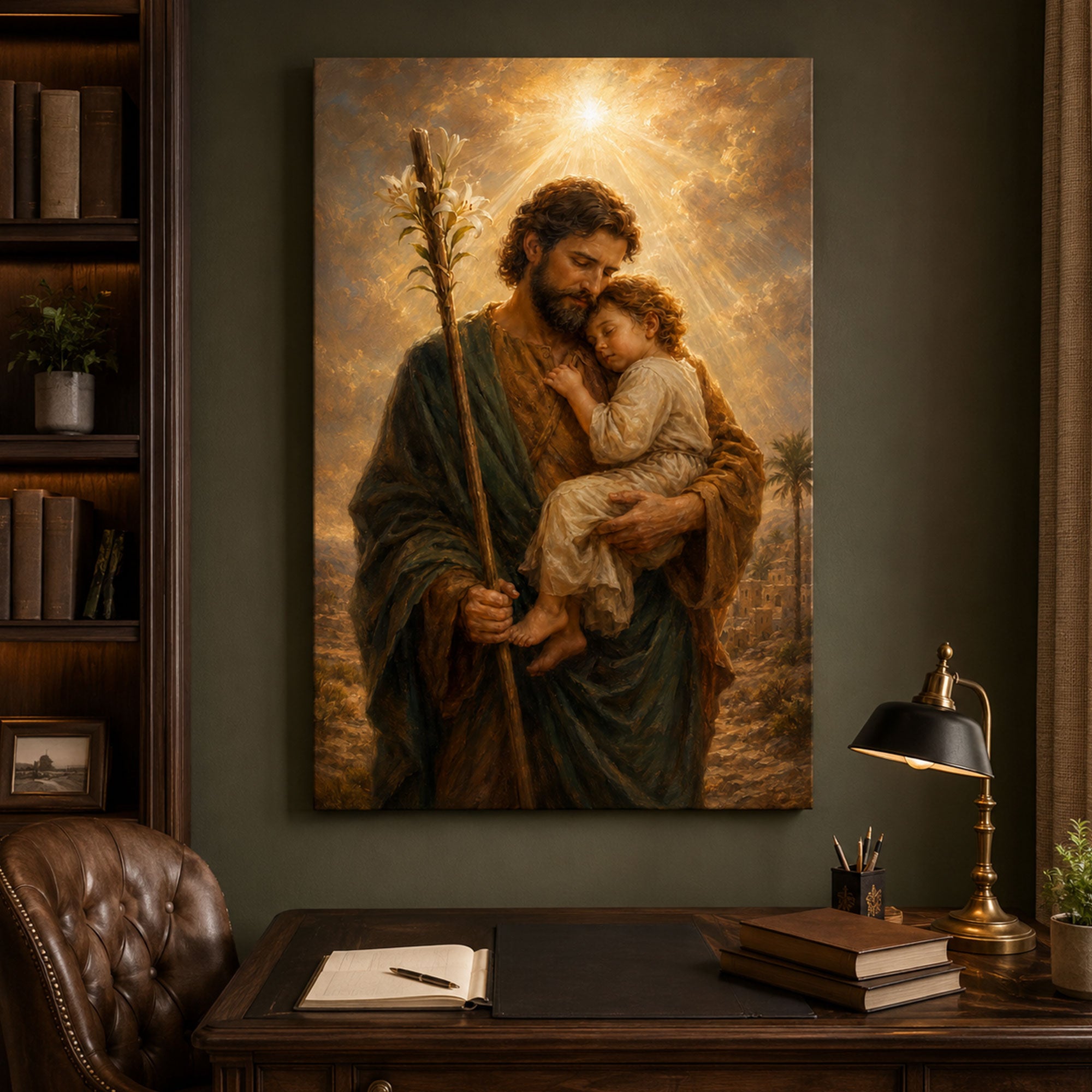 Saint Joseph with Child Jesus Canvas Print, Catholic Wall Art, Fatherly Love Christian Home Decor