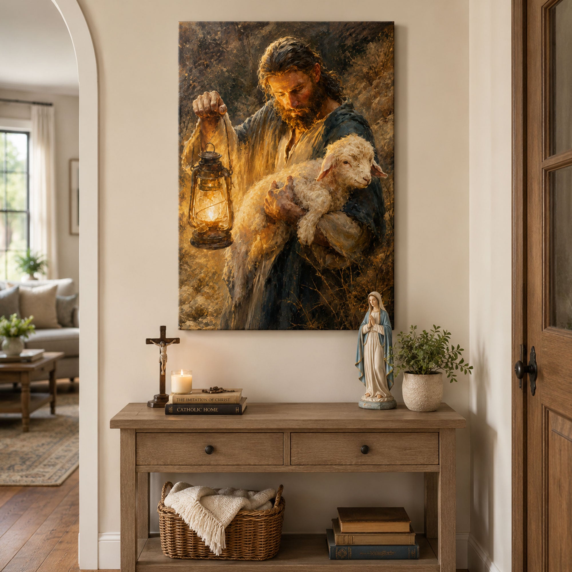 Jesus Searching for the Lost Lamb with Lantern Canvas Print, Christian Home Decor