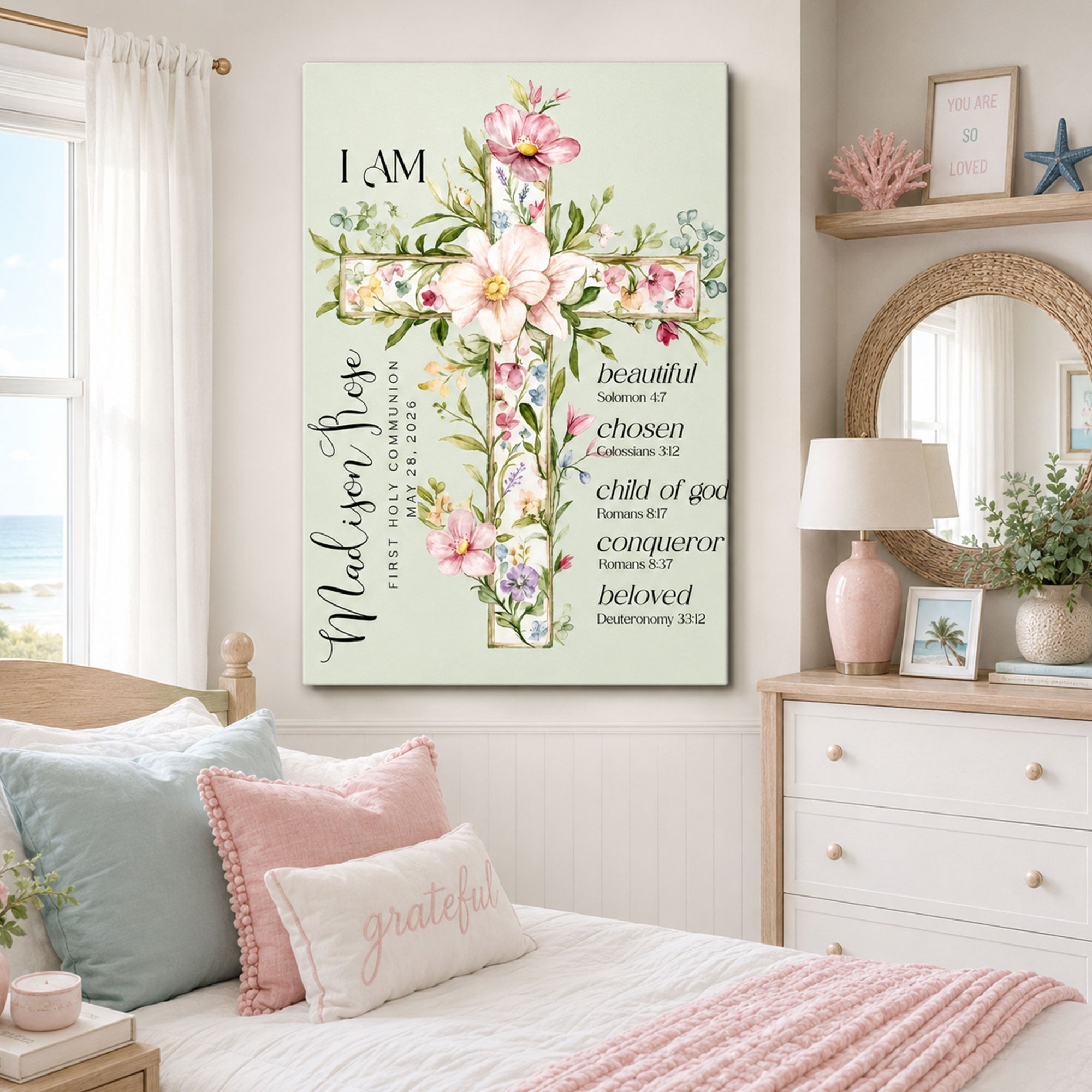 Custom First Communion Gift for Girl, Personalized Floral Cross Canvas Print, Christian Bible Verse Keepsake, Baptism Confirmation Gift