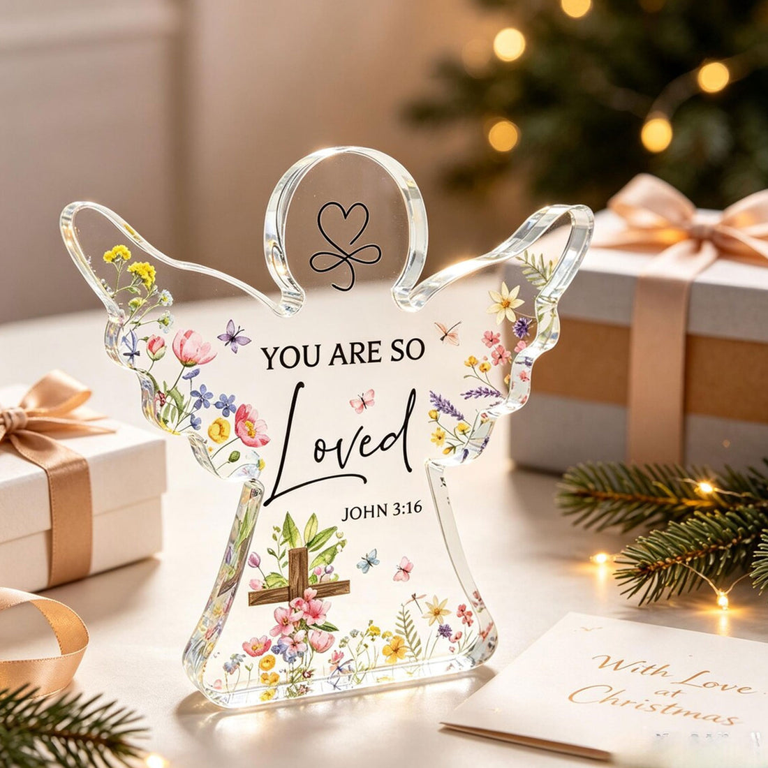 You Are So Loved Angel Acrylic Desk Plaque, John 3:16 Christian Gift, Floral Cross Faith Decor