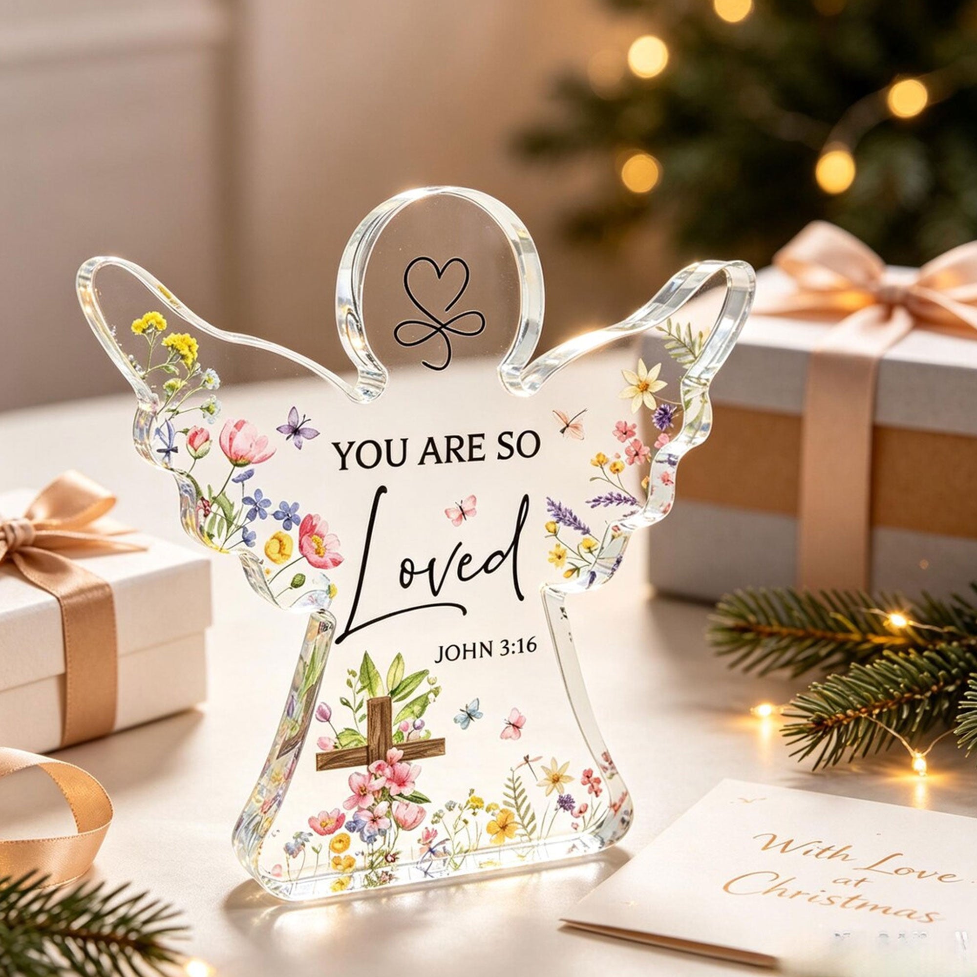 You Are So Loved Angel Acrylic Desk Plaque, John 3:16 Christian Gift, Floral Cross Faith Decor