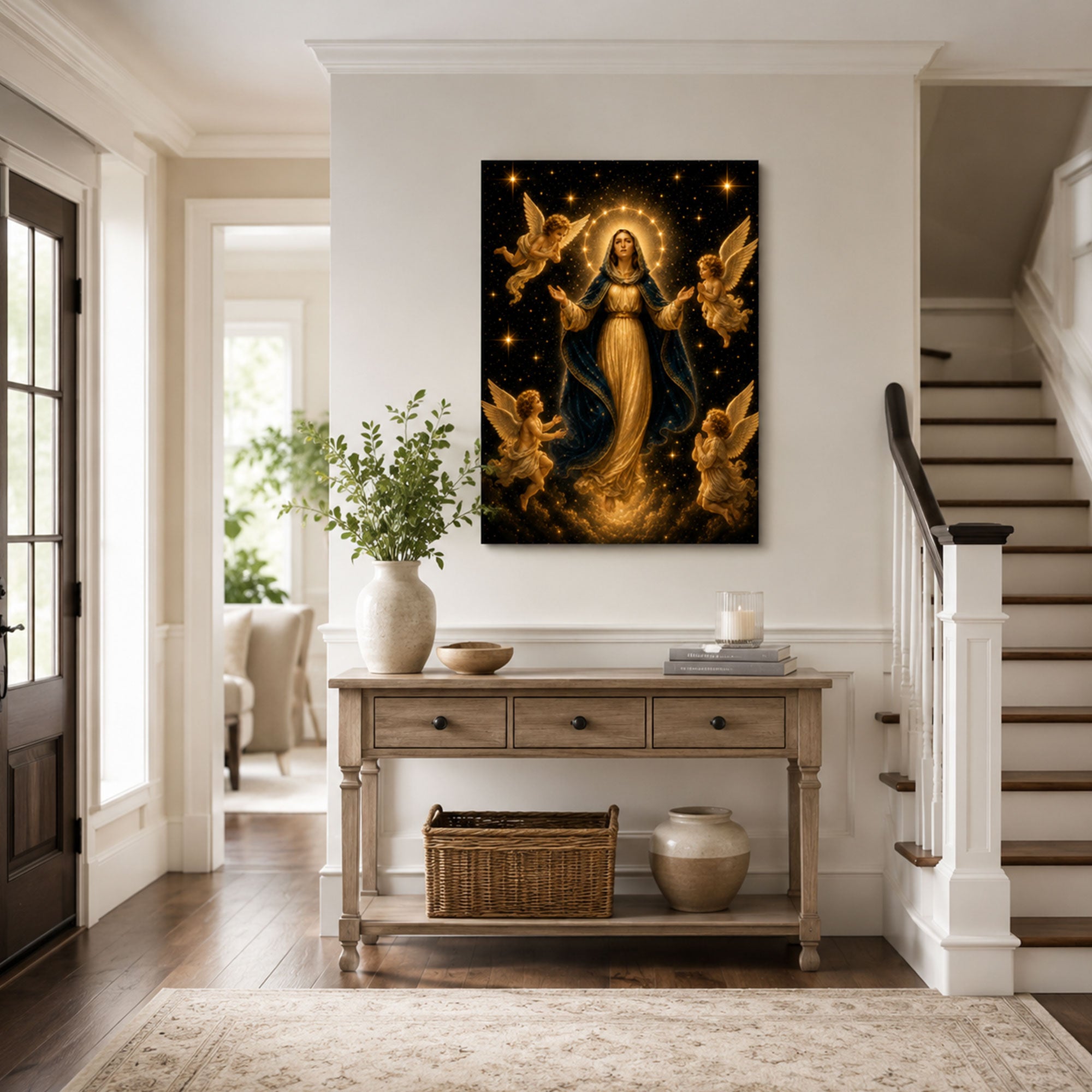 Virgin Mary with Angels Canvas Print, Catholic Home Decor