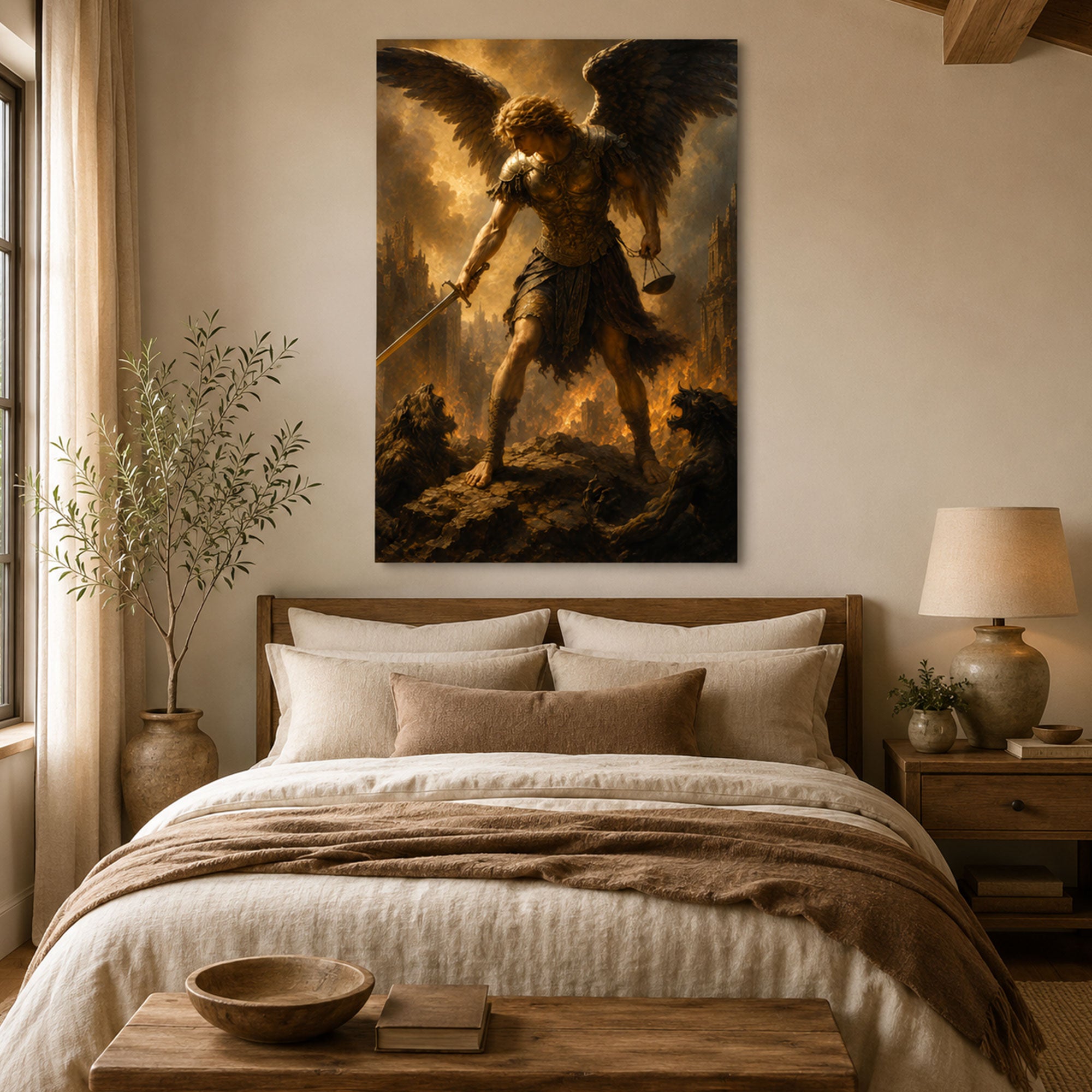 Saint Michael with Sword and Scales Canvas Print, Catholic Archangel Wall Art, Faith Home Decor Gift