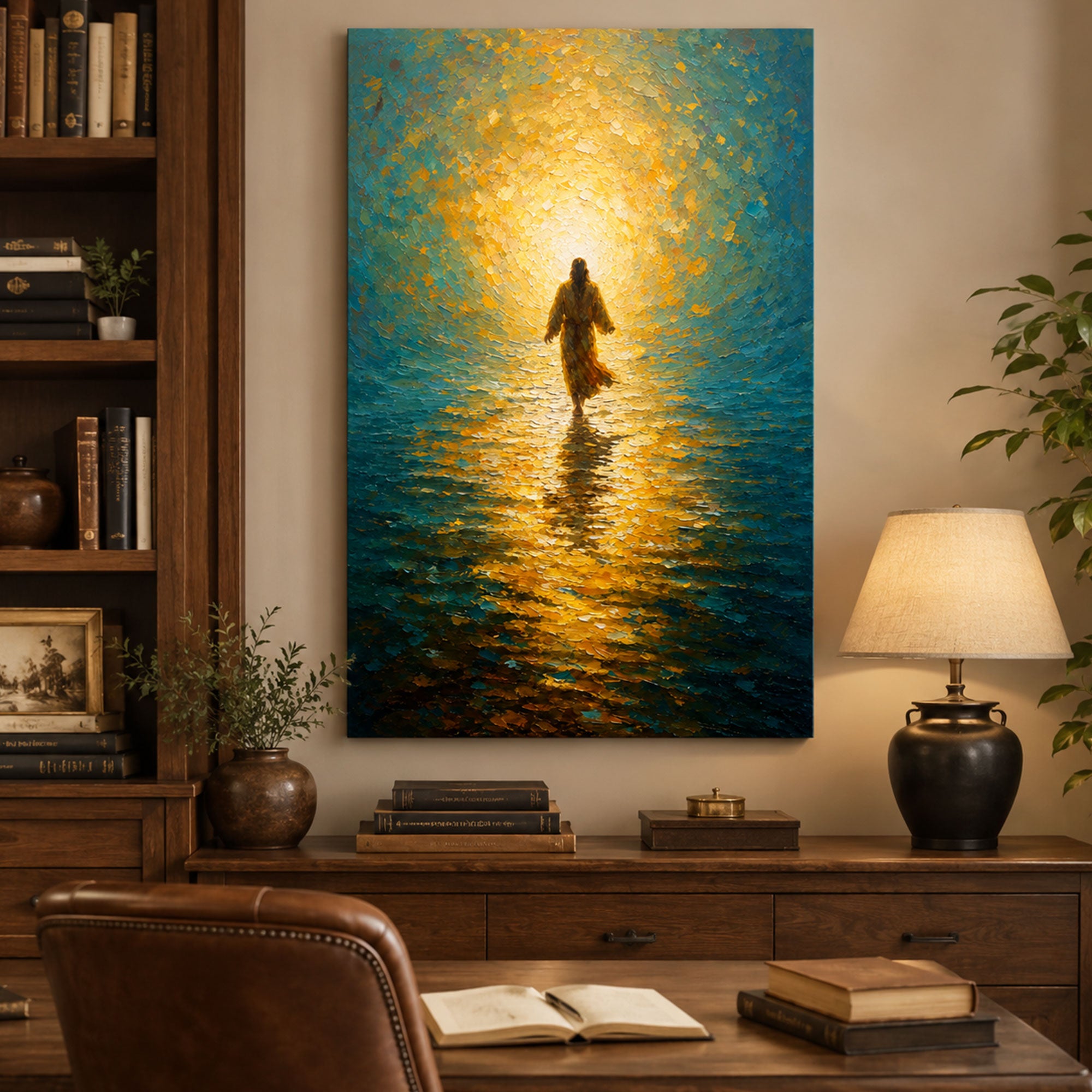 Jesus Walking on Water Canvas Print, Golden Light Christian Wall Art, Faith Home Decor