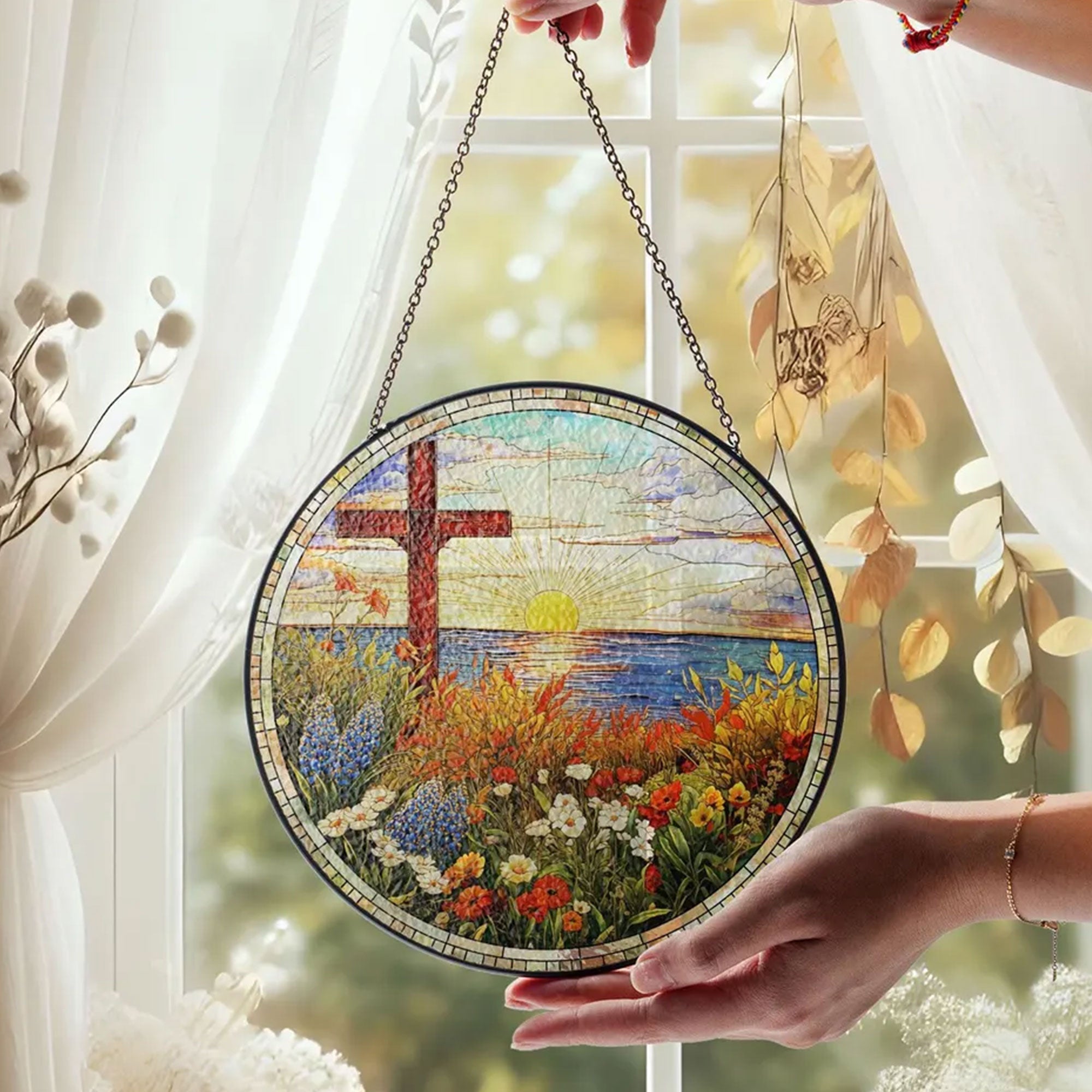 Christian Cross Stained Glass Suncatcher, Religious Window Hanging Decor, Faith Gift, Handmade Home Ornament