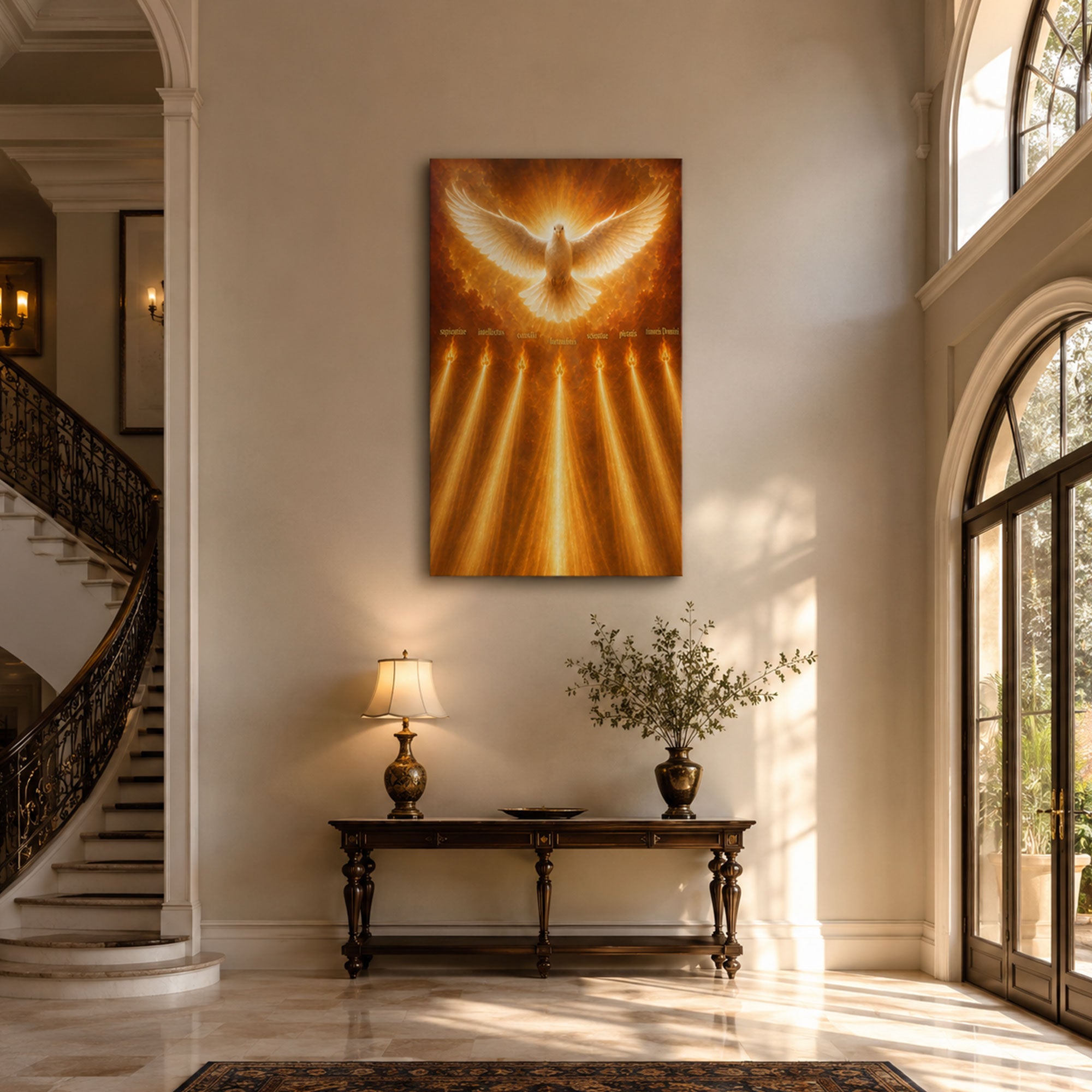 Holy Spirit Dove Canvas Print, Seven Gifts of the Spirit Christian Wall Art, Golden Light Religious Home Decor
