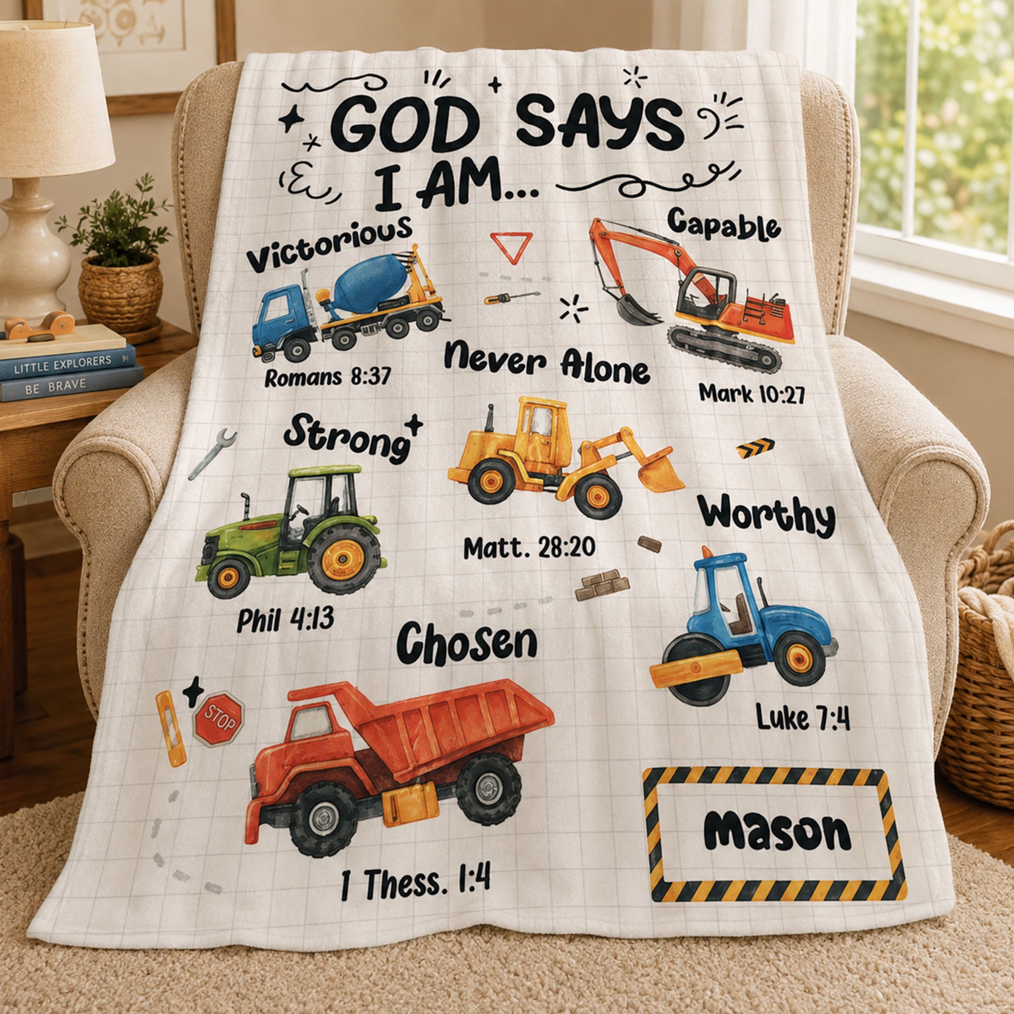 Personalized God Says I Am Construction Fleece Blanket, Christian Bible Verse Throw, Faith Gift for Boys