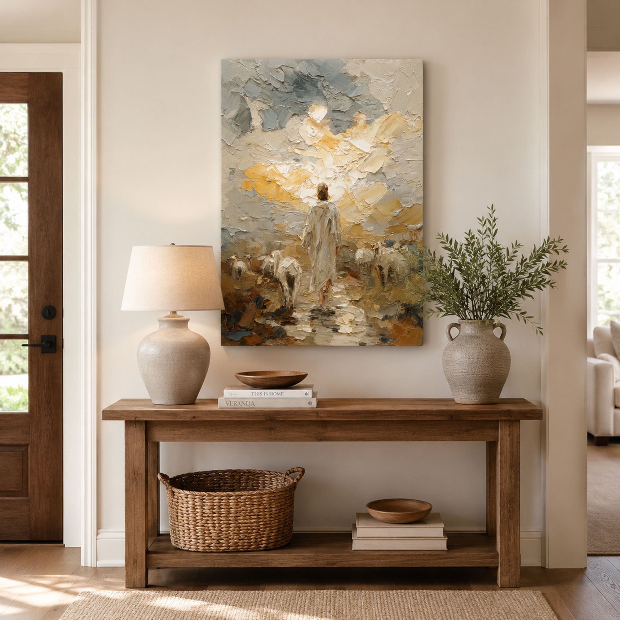 Good Shepherd Canvas Print, Jesus with Sheep Neutral Christian Wall Art, Faith Home Decor Gift