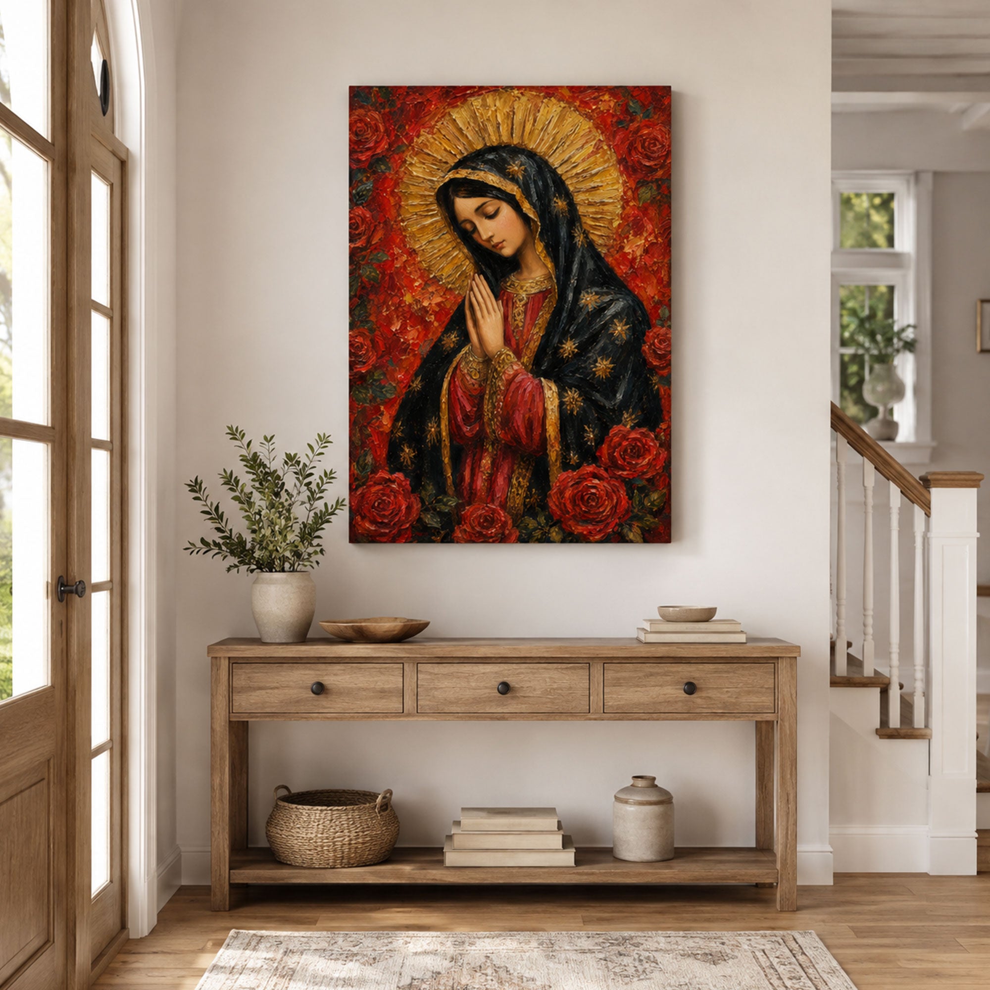 Our Lady of Guadalupe with Roses Canvas Print, Virgin Mary Catholic Wall Decor, Marian Faith Gift