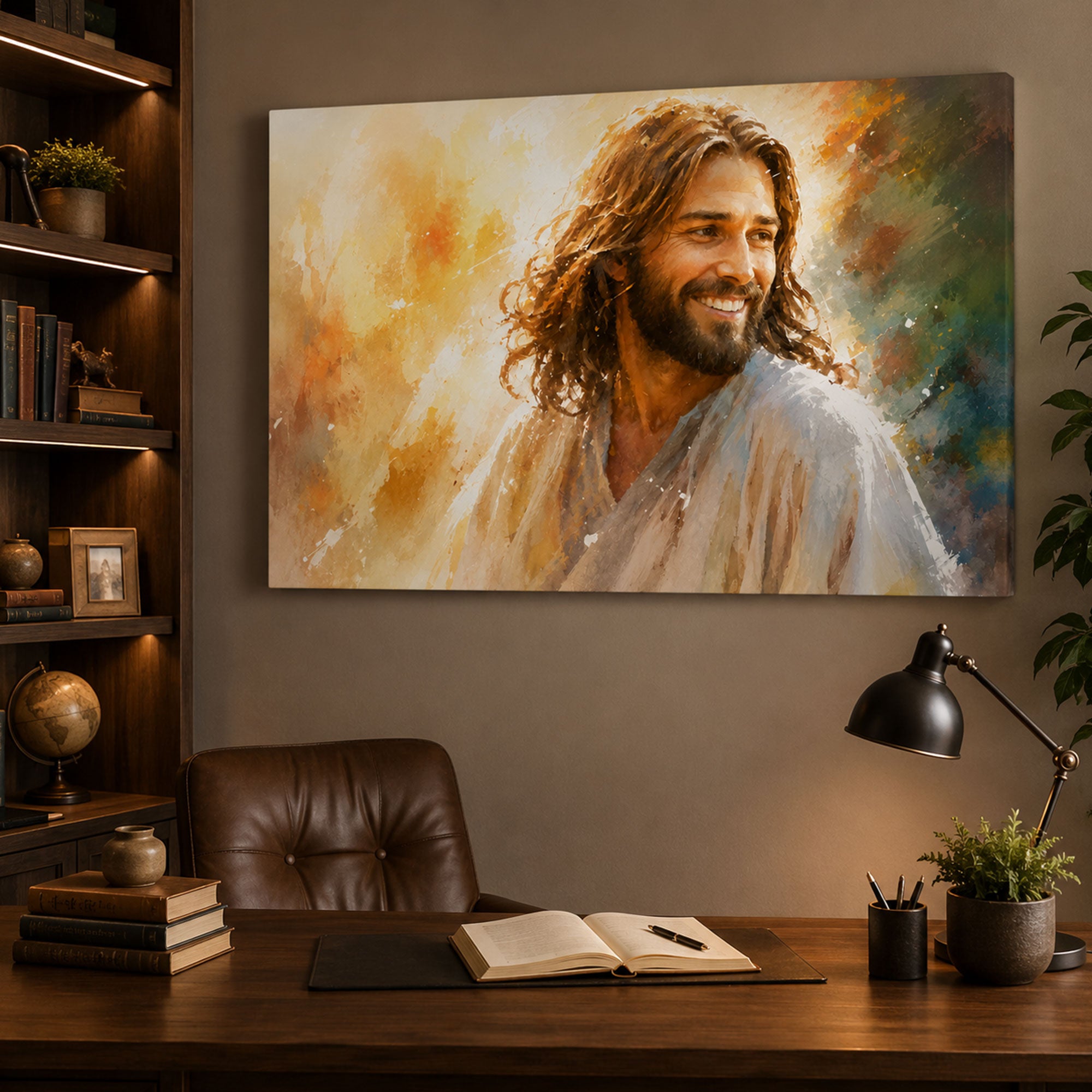 Smiling Jesus Portrait Canvas Print, Joyful Christian Wall Art, Peaceful Faith Home Decor