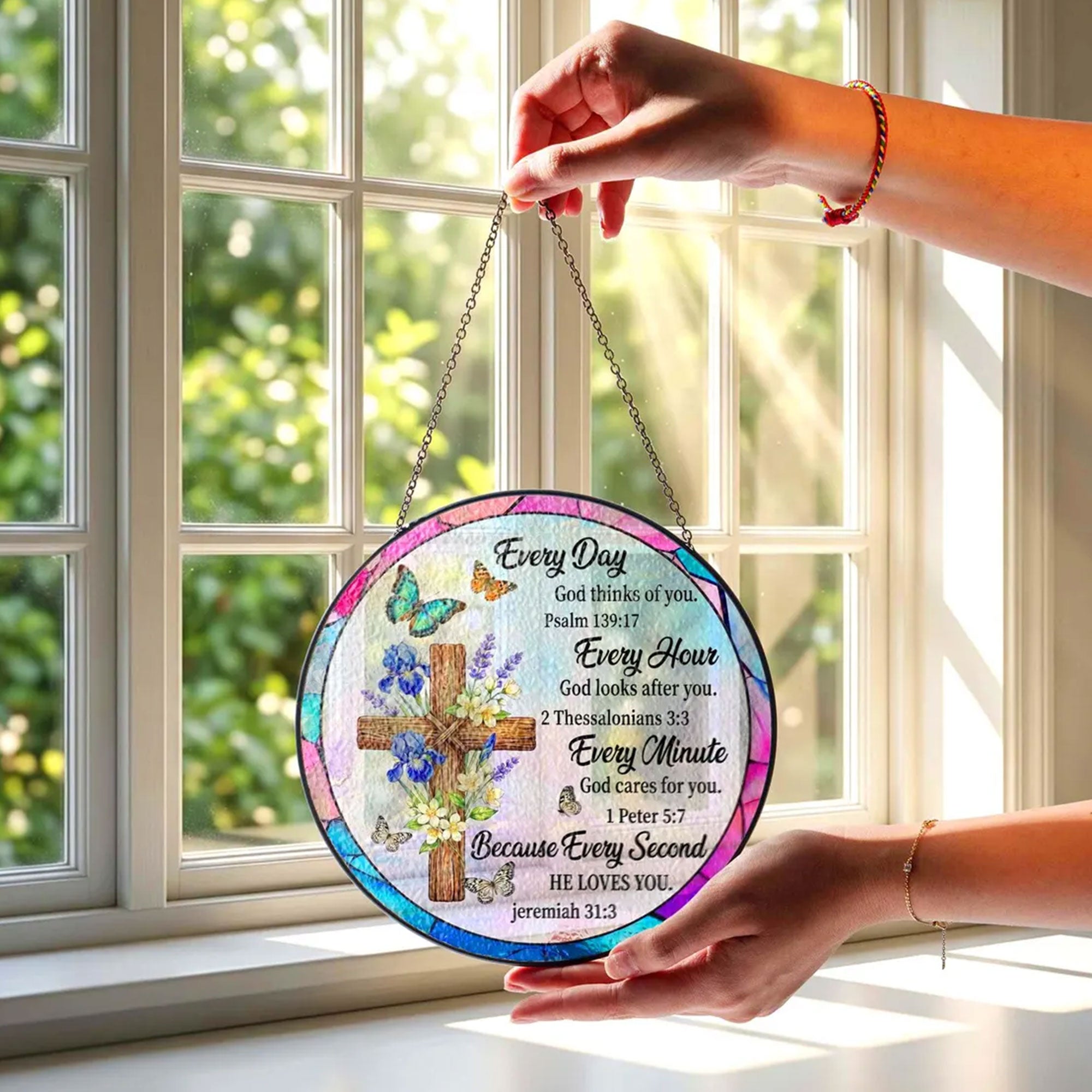 Stained Glass Suncatcher with Bible Verse, Christian Window Hanging Decor, Inspirational Faith Gift for Women