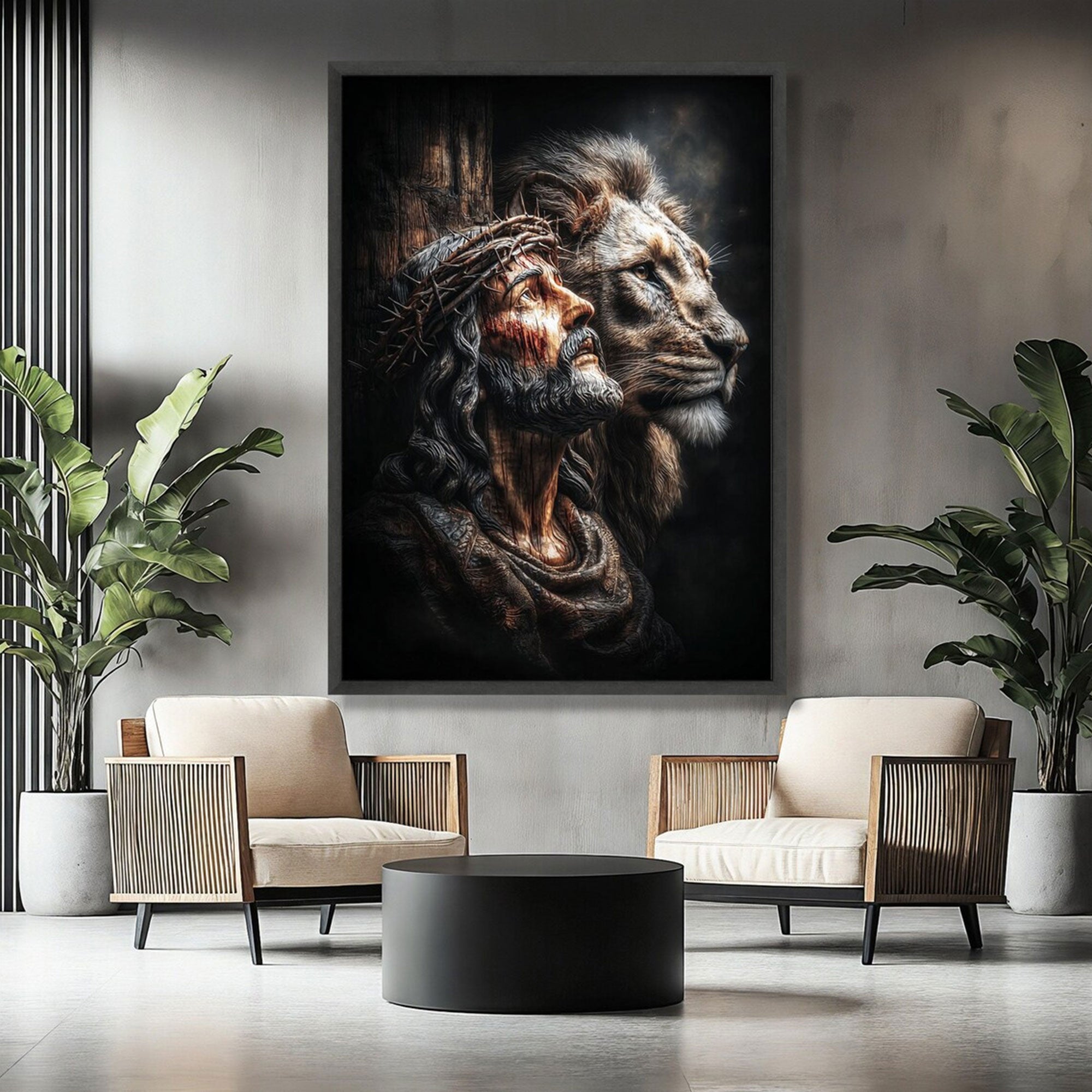 Jesus with Crown of Thorns and Lion Canvas Print, Christian Faith and Strength Wall Art, Inspirational Spiritual Decor