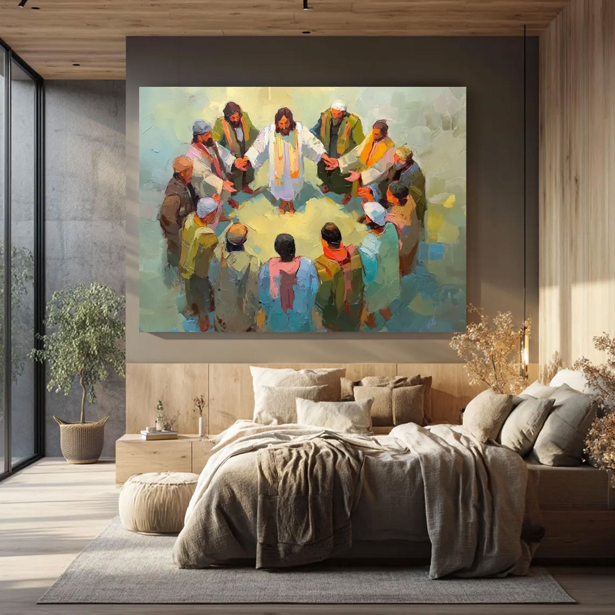 Jesus Praying with Disciples Expressionist Canvas Art, Christian Faith Wall Decor, Spiritual Religious Home Artwork