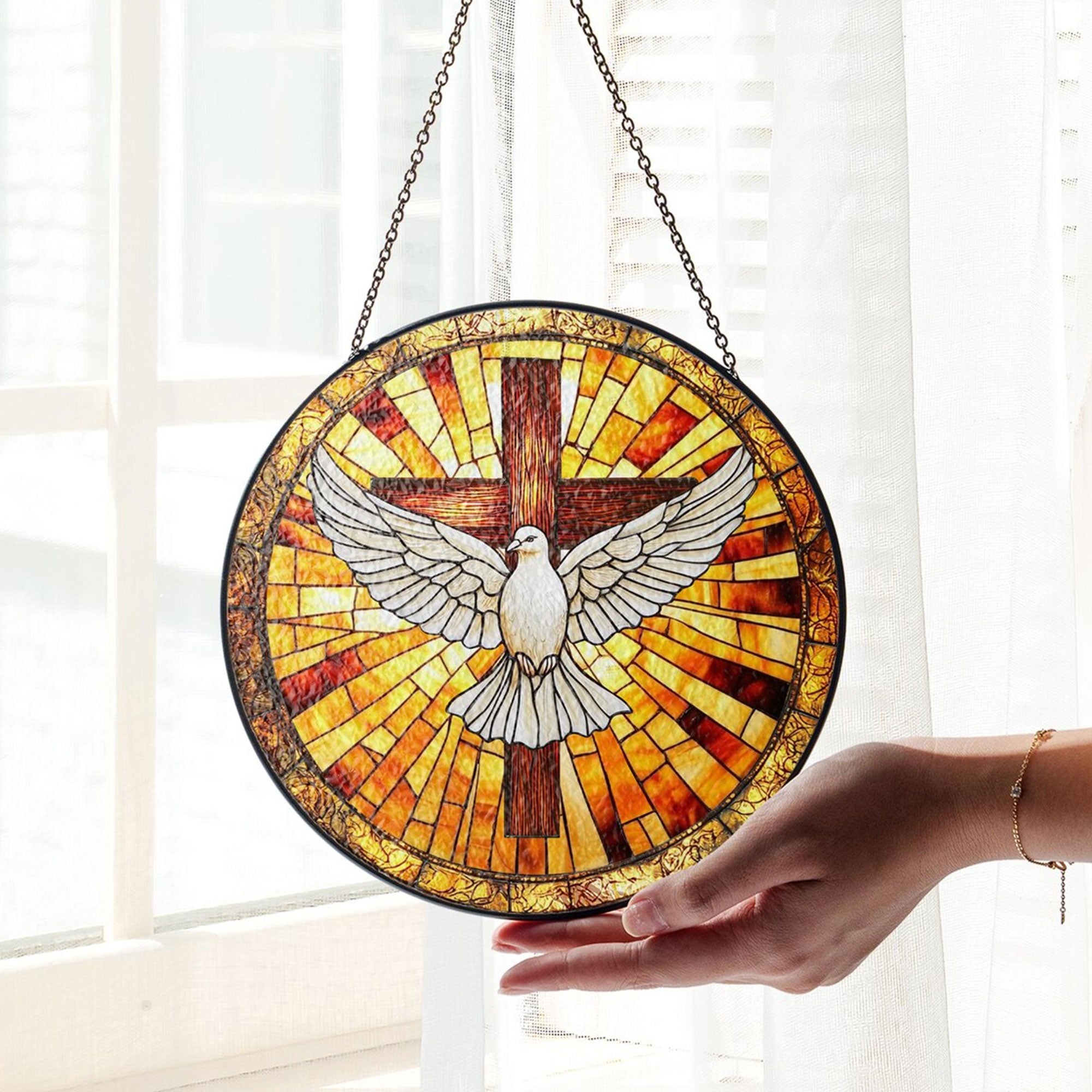 Cross and Dove Faux Glass Suncatcher, Holy Spirit Window Hanging, Christian Decor Gift
