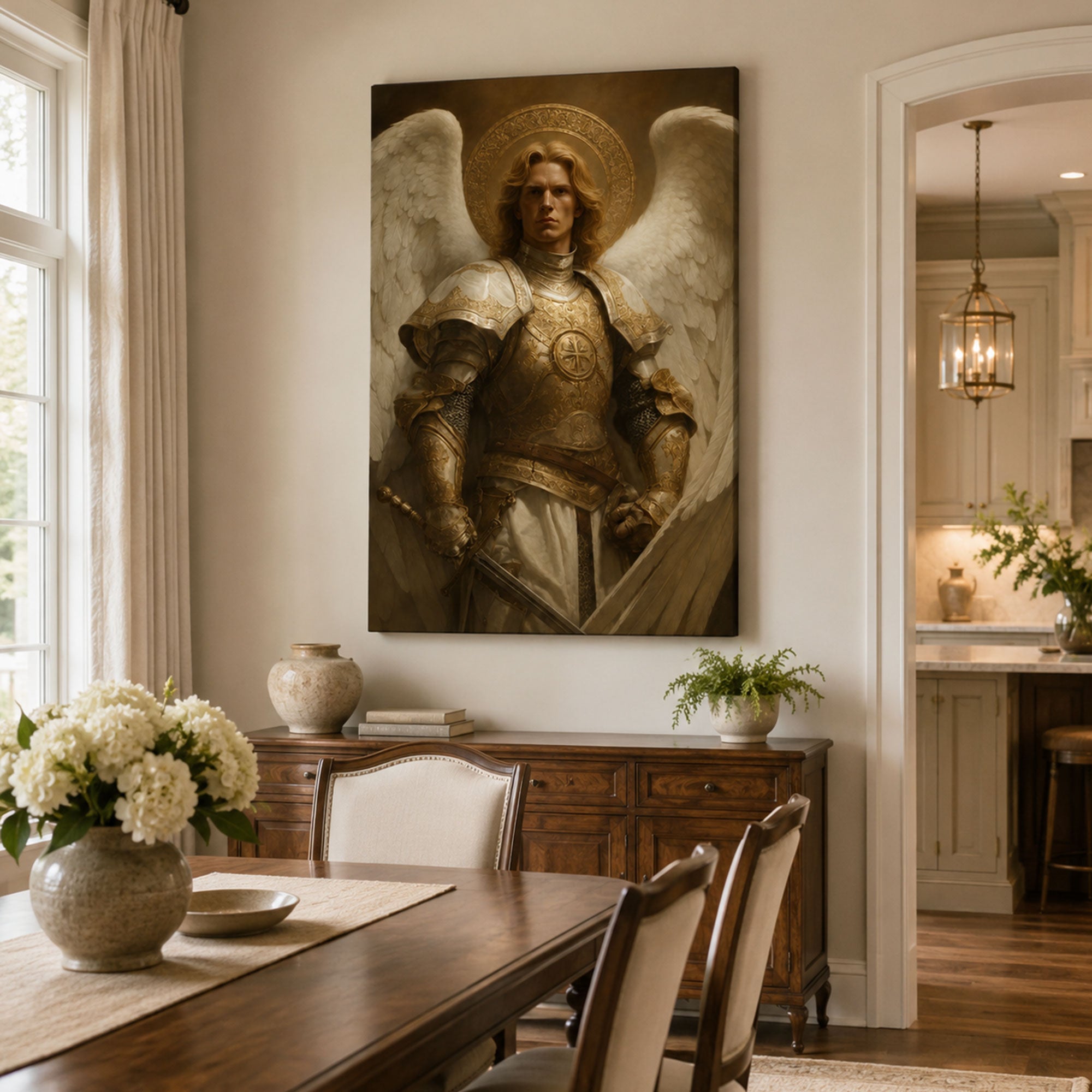 Saint Michael with Cross Breastplate Canvas Print, Bronze Catholic Angel Art