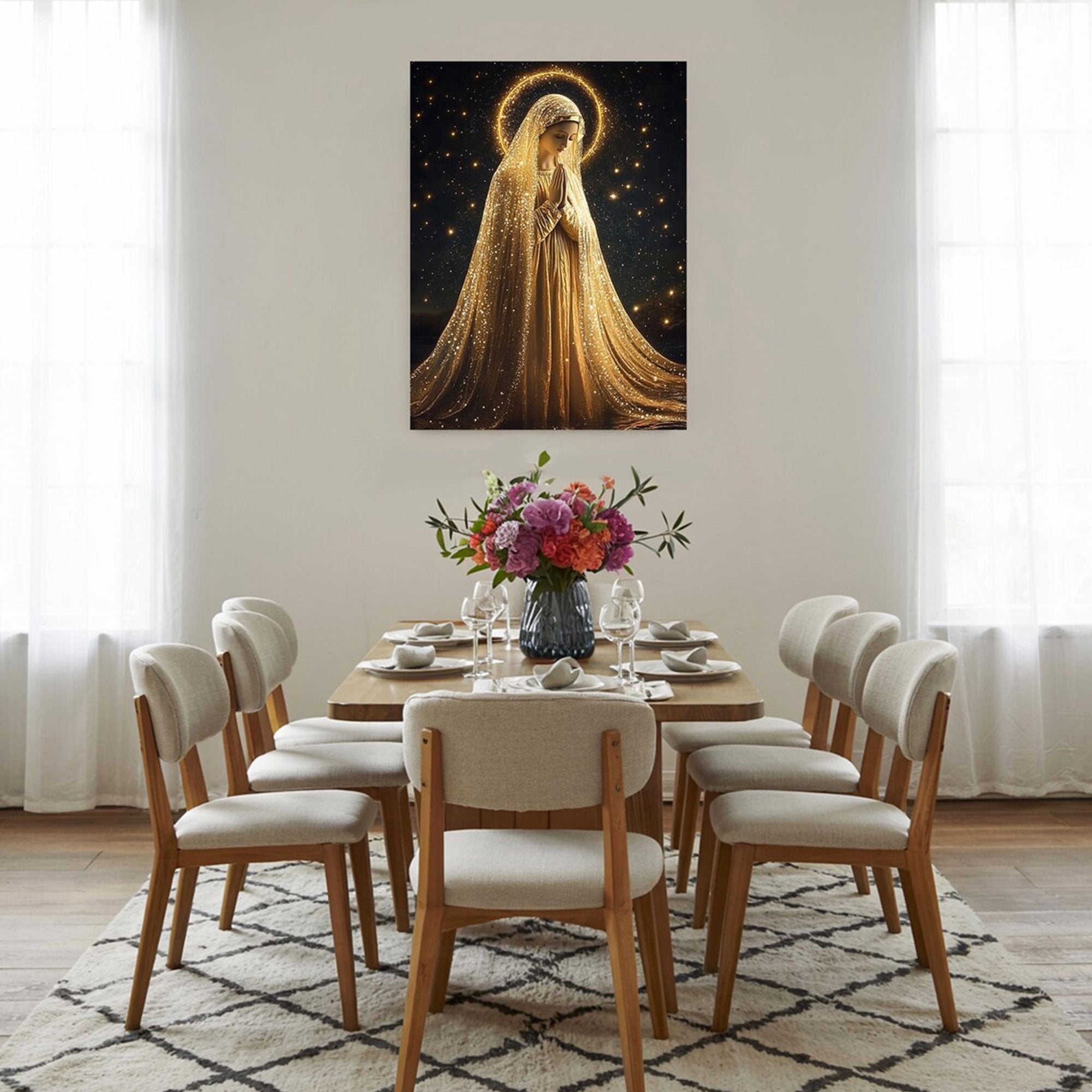 Golden Virgin Mary Canvas Print, Radiant Madonna Wall Art, Catholic Religious Decor, Blessed Mother Faith Artwork