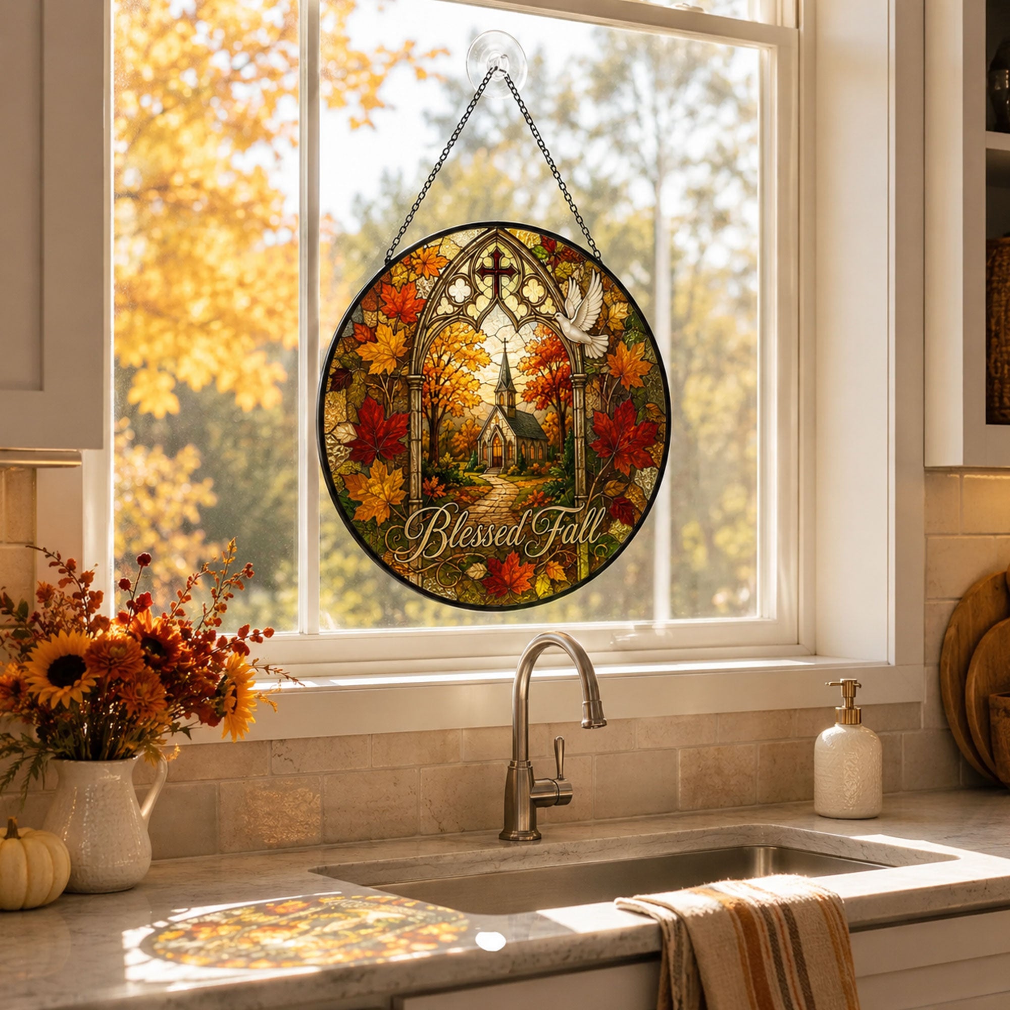 Blessed Fall Church Suncatcher, Autumn Leaves Christian Window Hanging, Faith Gift for Home